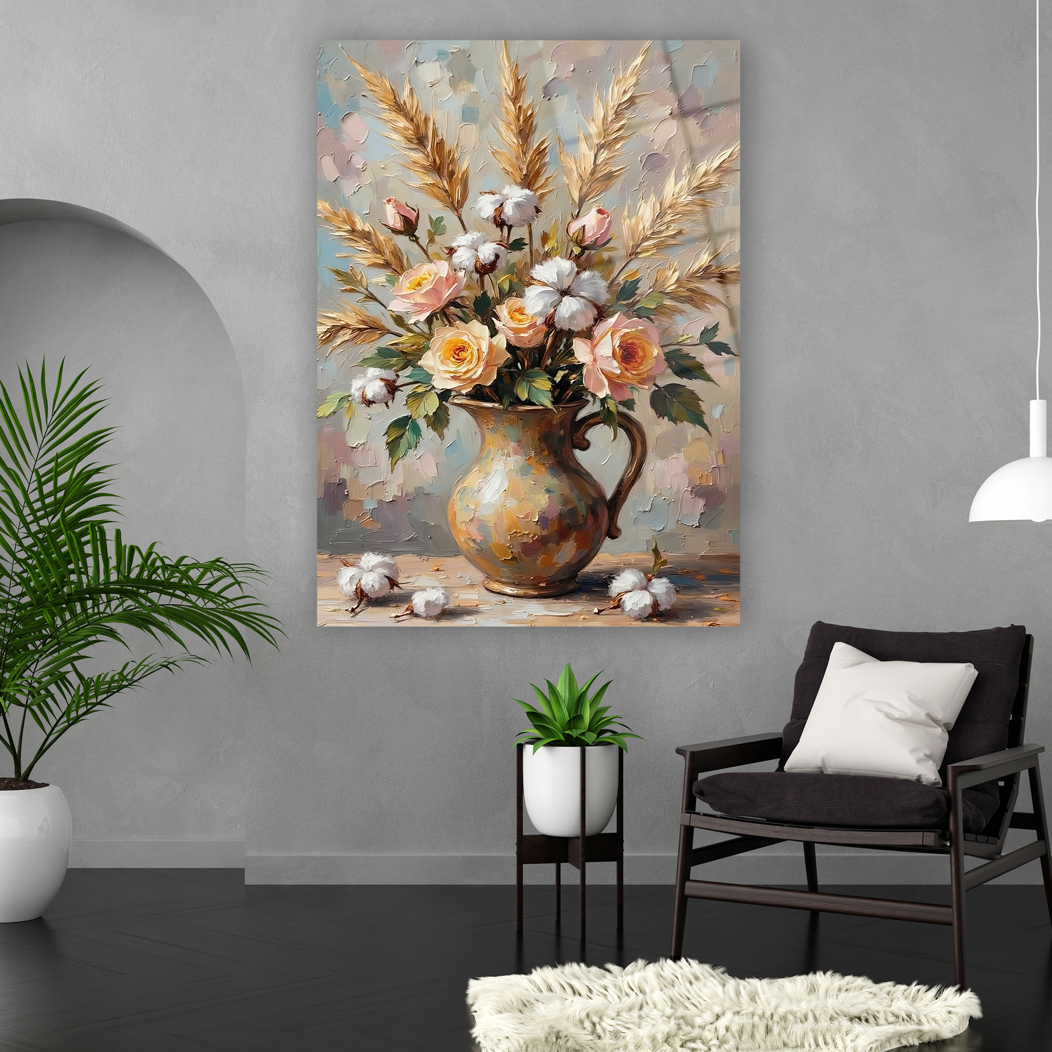 impasto tekniği görünümlü ahşap masa üzeri çiçek cam sanatı