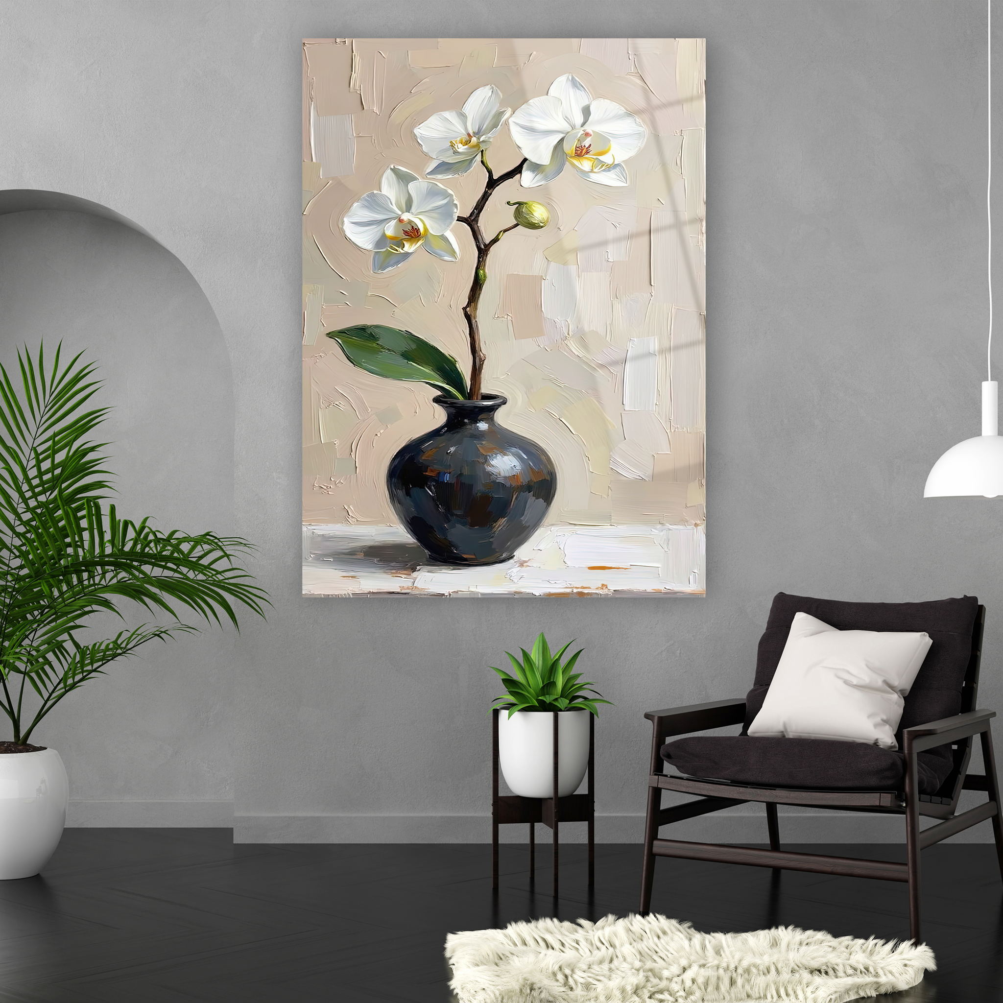 impasto tekniği görünümlü minimalist çiçek cam sanatı tasarımı