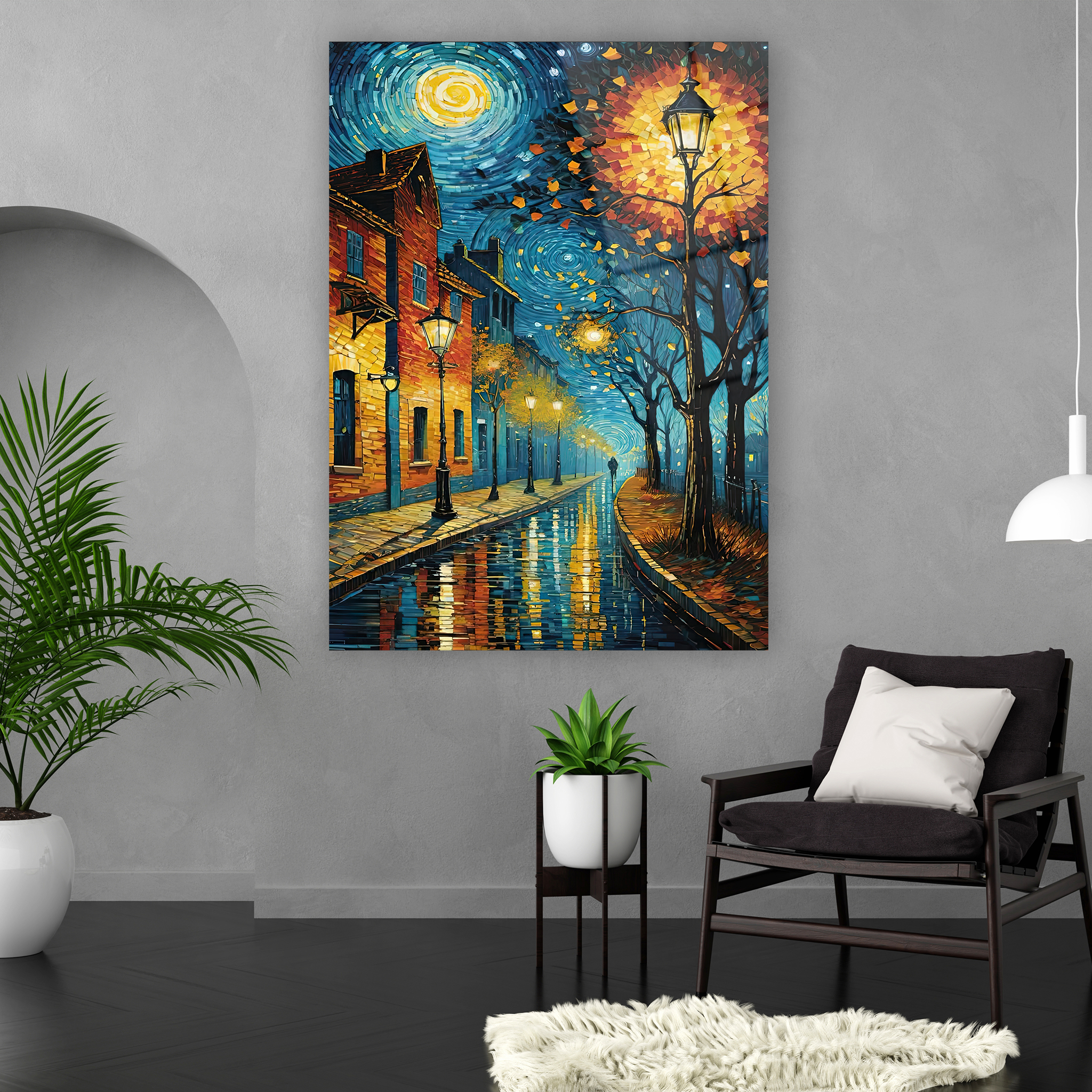 impasto tekniği görünümlü nostaljik sokak cam sanatı tasarımı