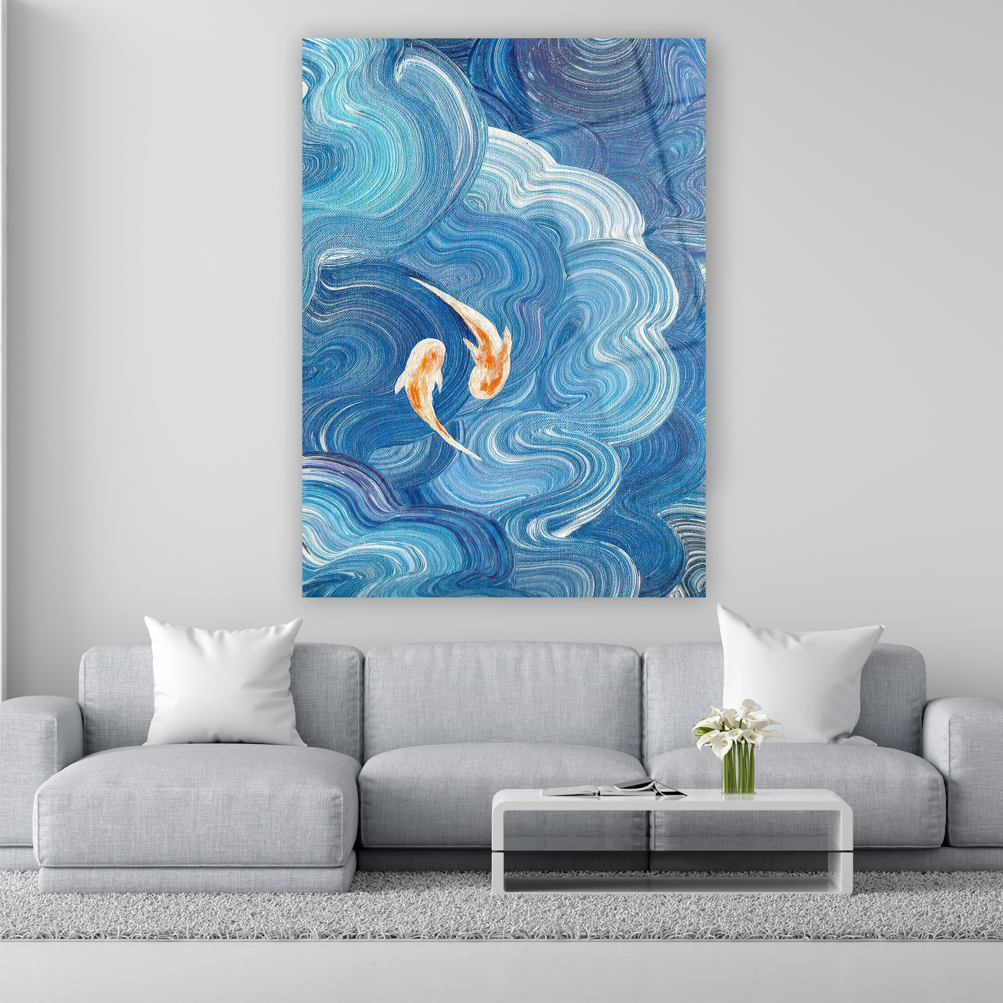 starry night style koi fish pond glass art
