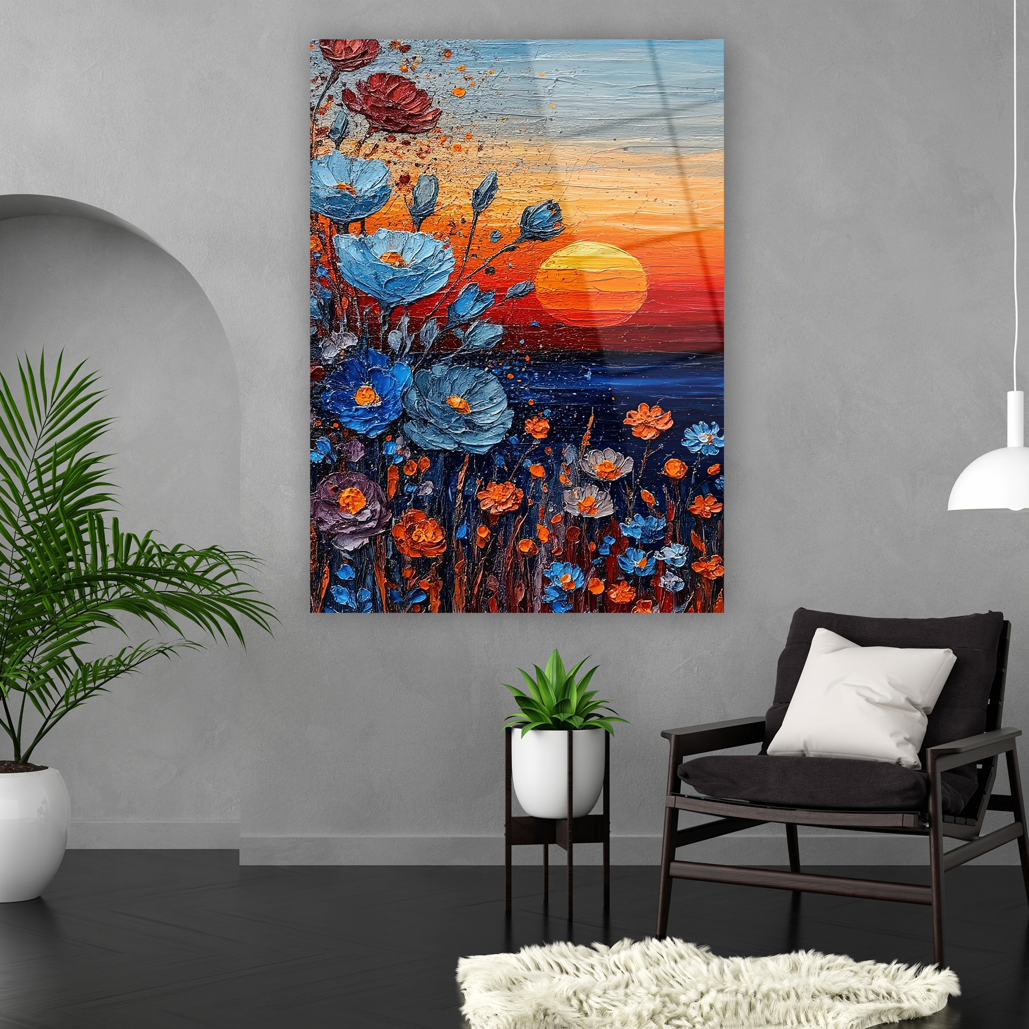 impasto tekniği görünümlü gün batımı manzarası cam sanatı