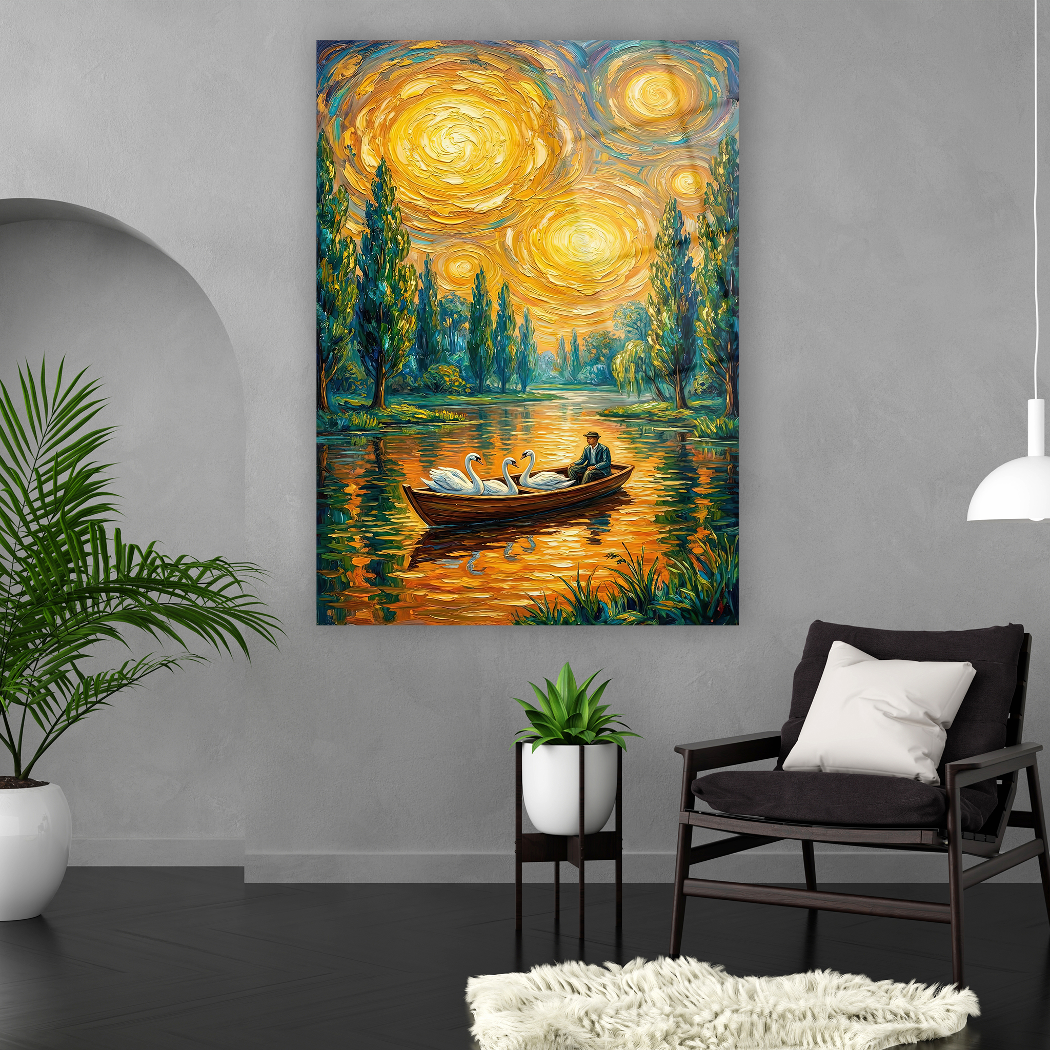 impasto tekniği görünümlü ahşap kayık cam sanatı tasarımı