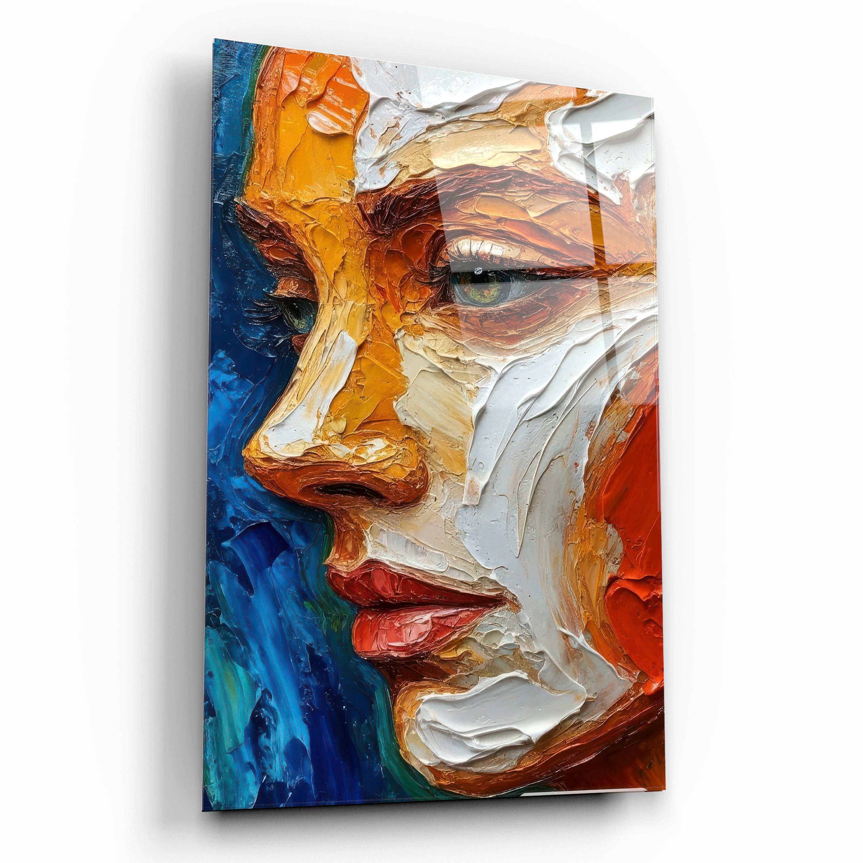 Impasto Dokulu Turuncu ve Mavi Soyut Yüz Cam Tablo