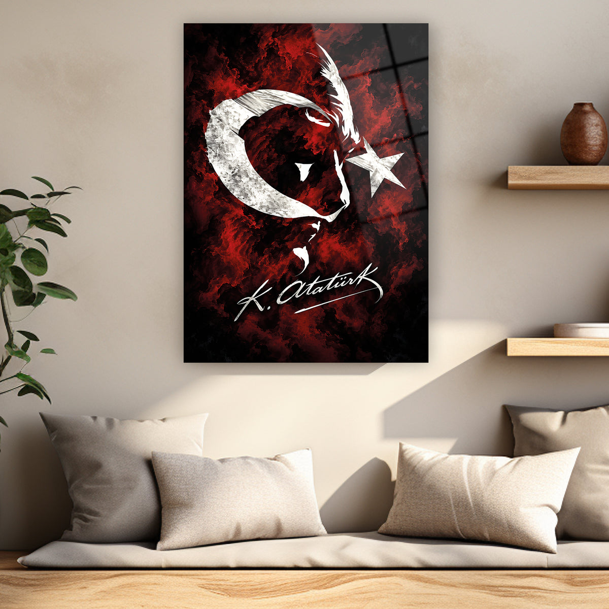 Kırmızı siyah zeminli Atatürk silüet cam tablo