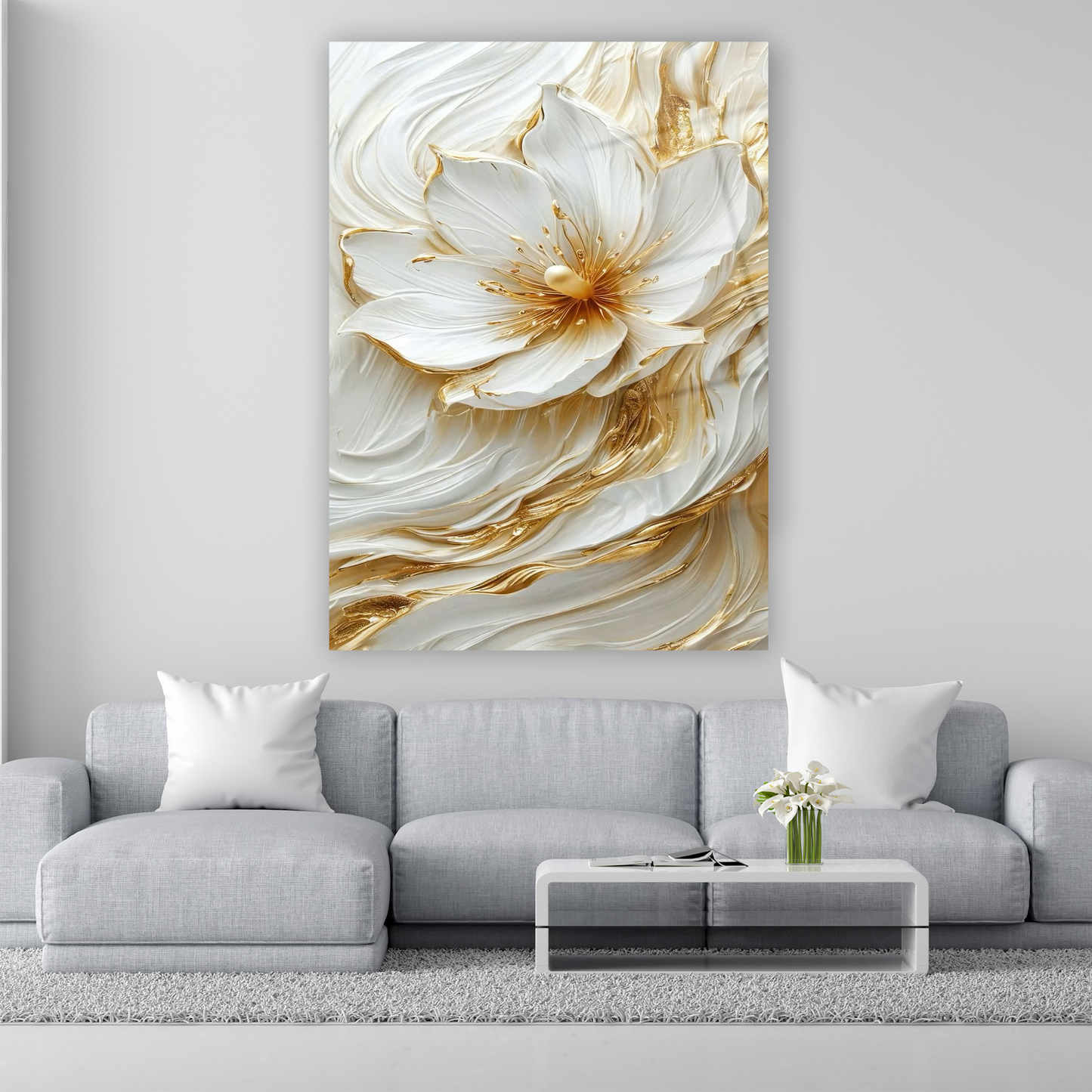 altın varaklı beyaz çiçek lüks cam tablo