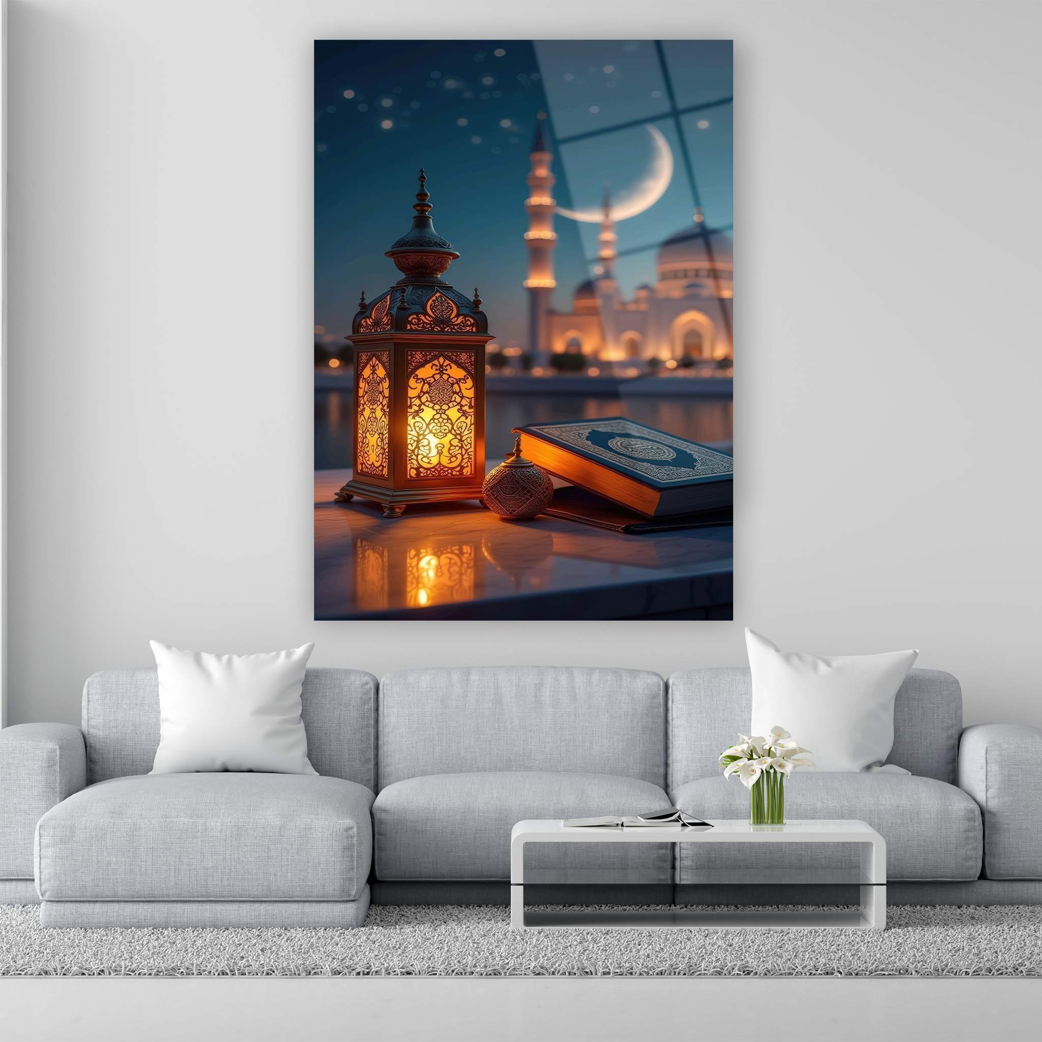 ışıklı fener kutsal kitap ve cami manzaralı cam tablo