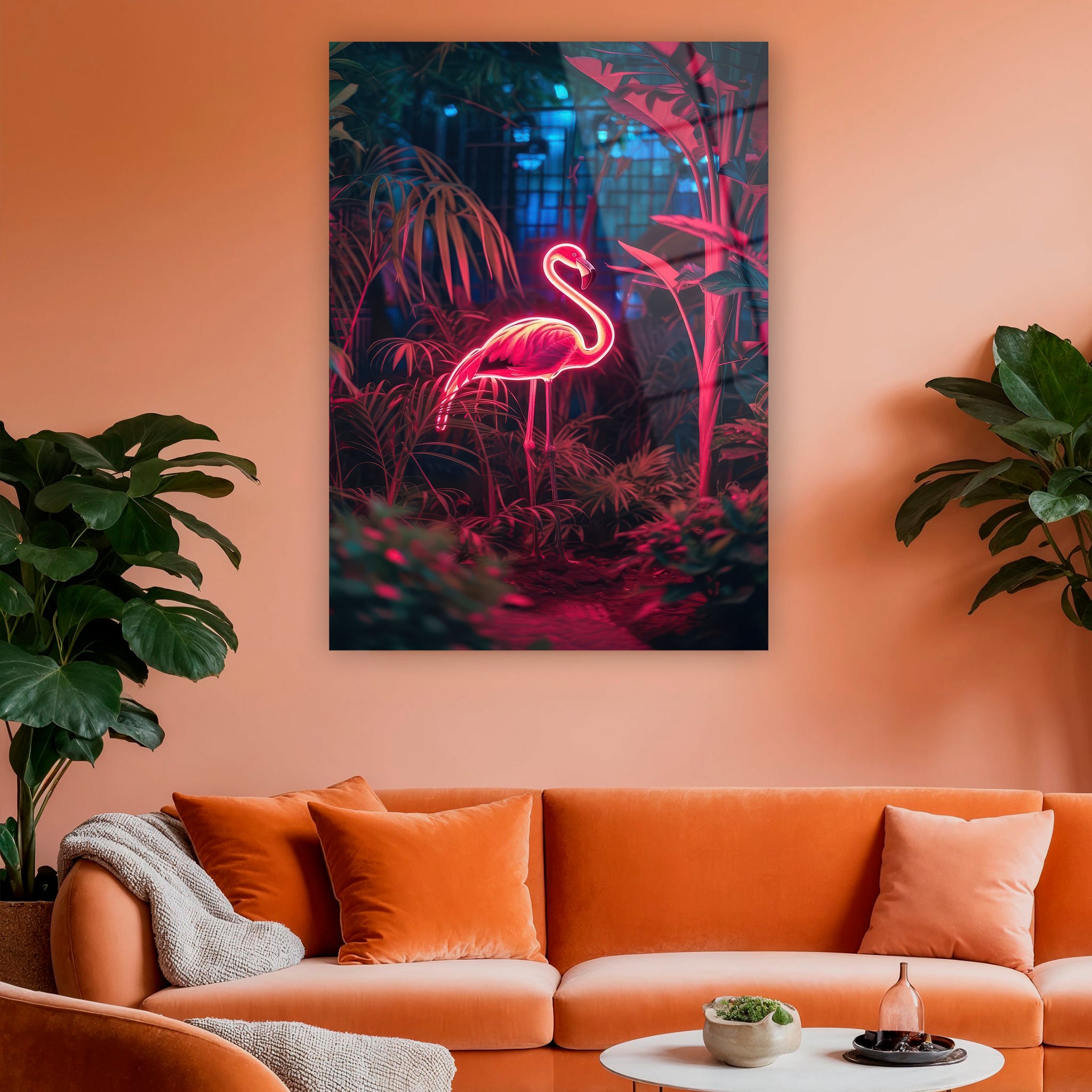 ışıklı flamingo ve palmiye yaprakları posteri