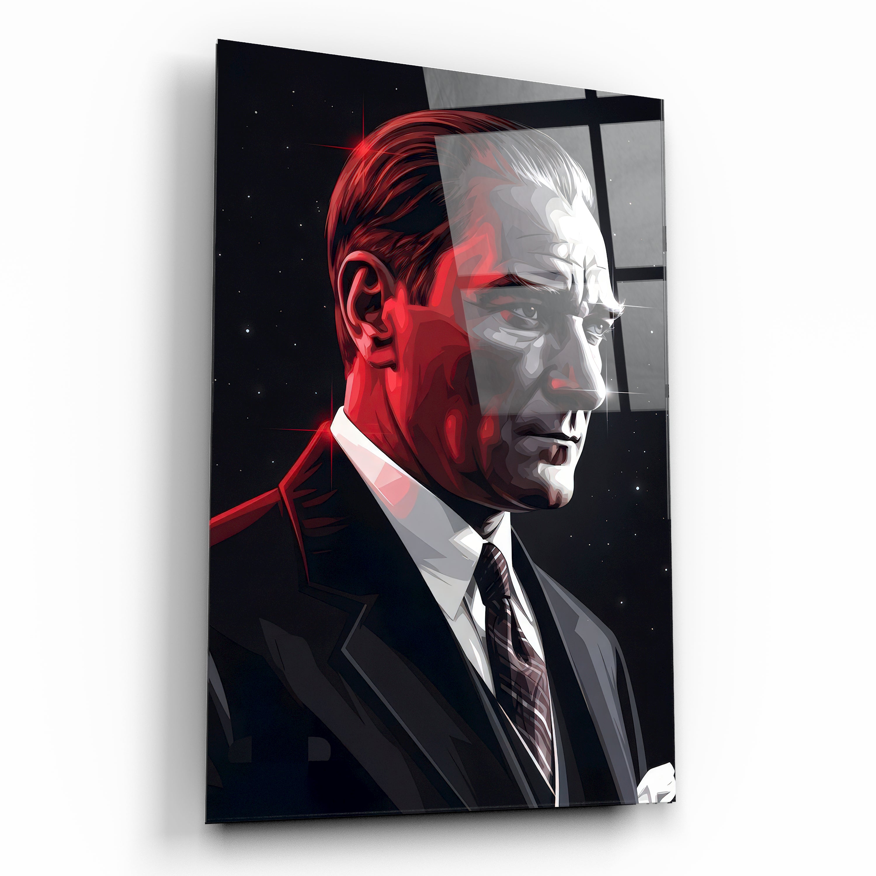 Kızıl Işık Efektli Modern Atatürk Portresi Cam Tablo