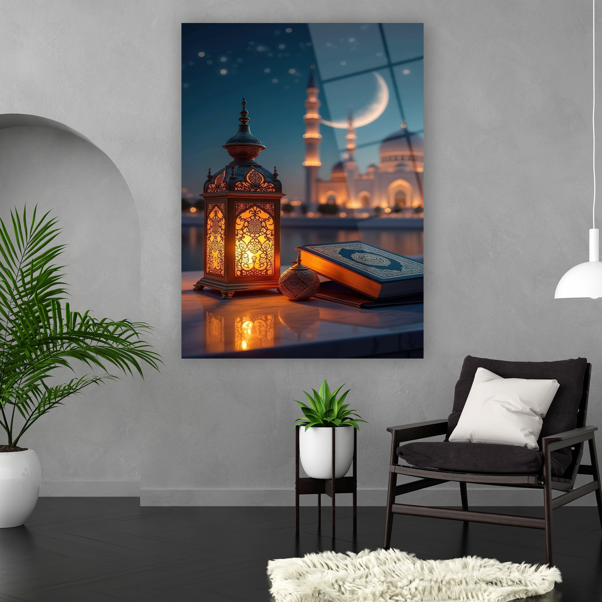 islamic lantern holy book and mosque night glass art