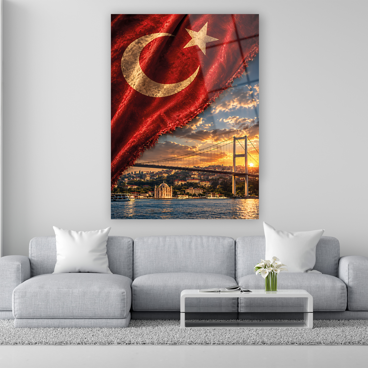 Boğaz Köprüsü ve Türk Bayrağı gün batımı cam tablo