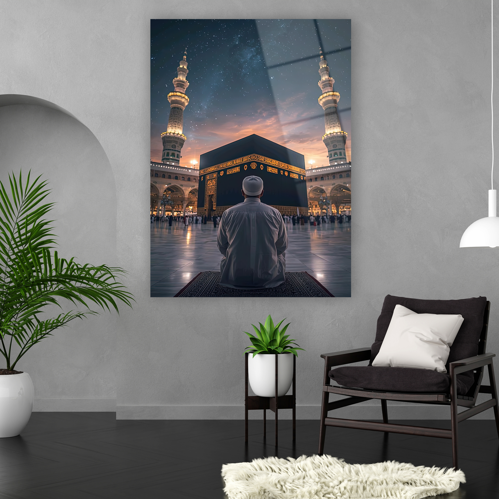 kaaba mecca starry night praying person glass art