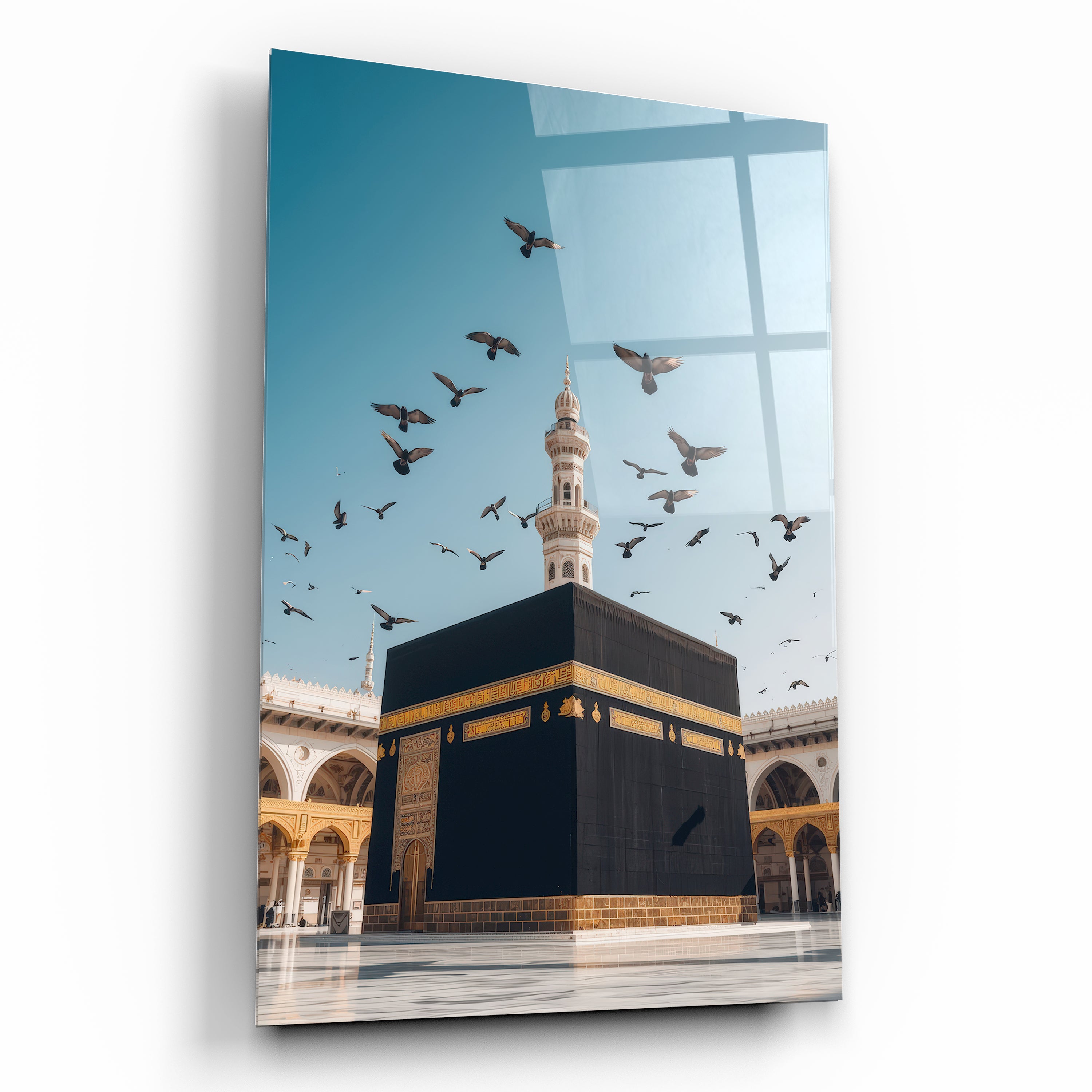 kabe cam tablo mekke manzarası ve uçan kuşlar