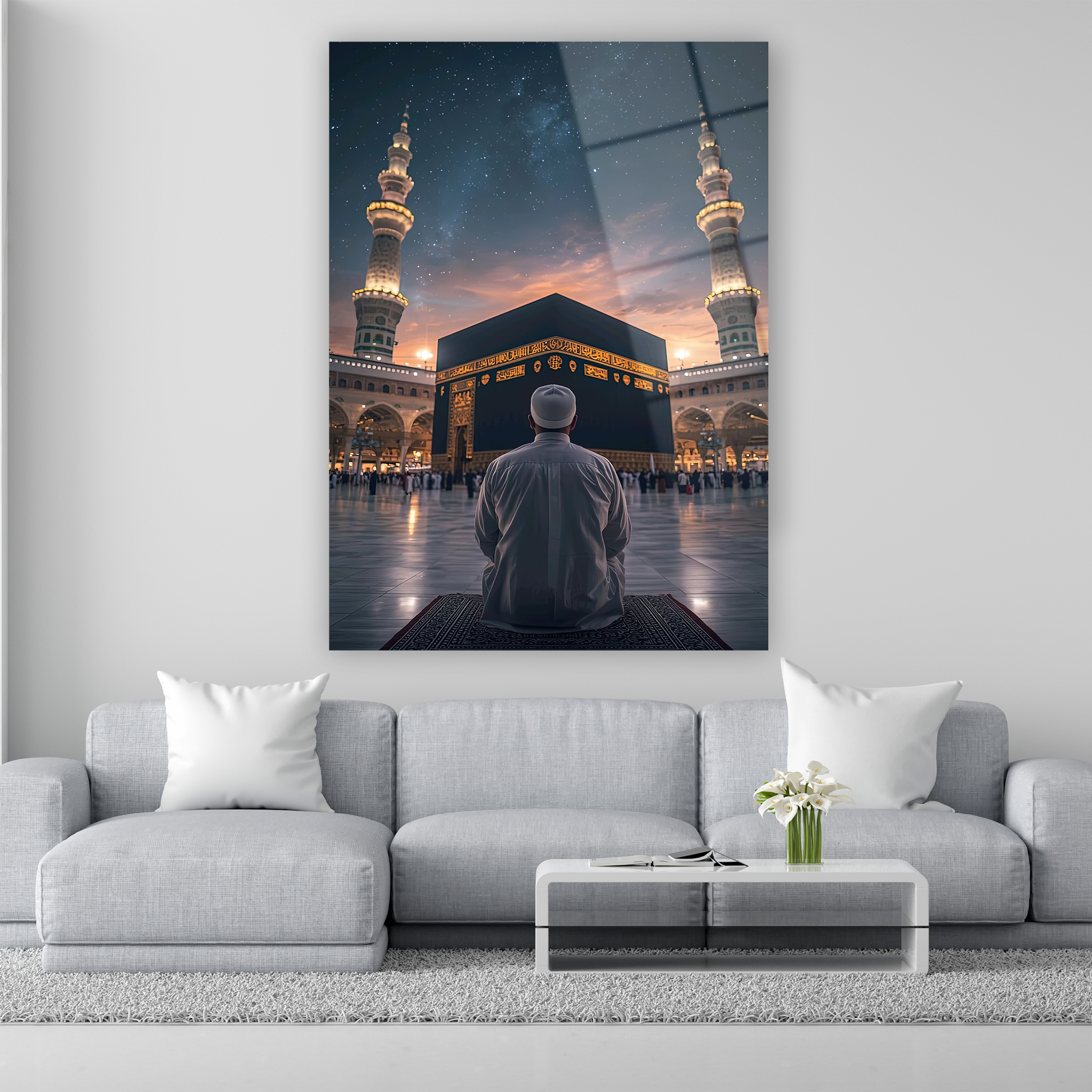kabe manzaralı yıldızlı gökyüzü ve dua eden kişi cam tablo