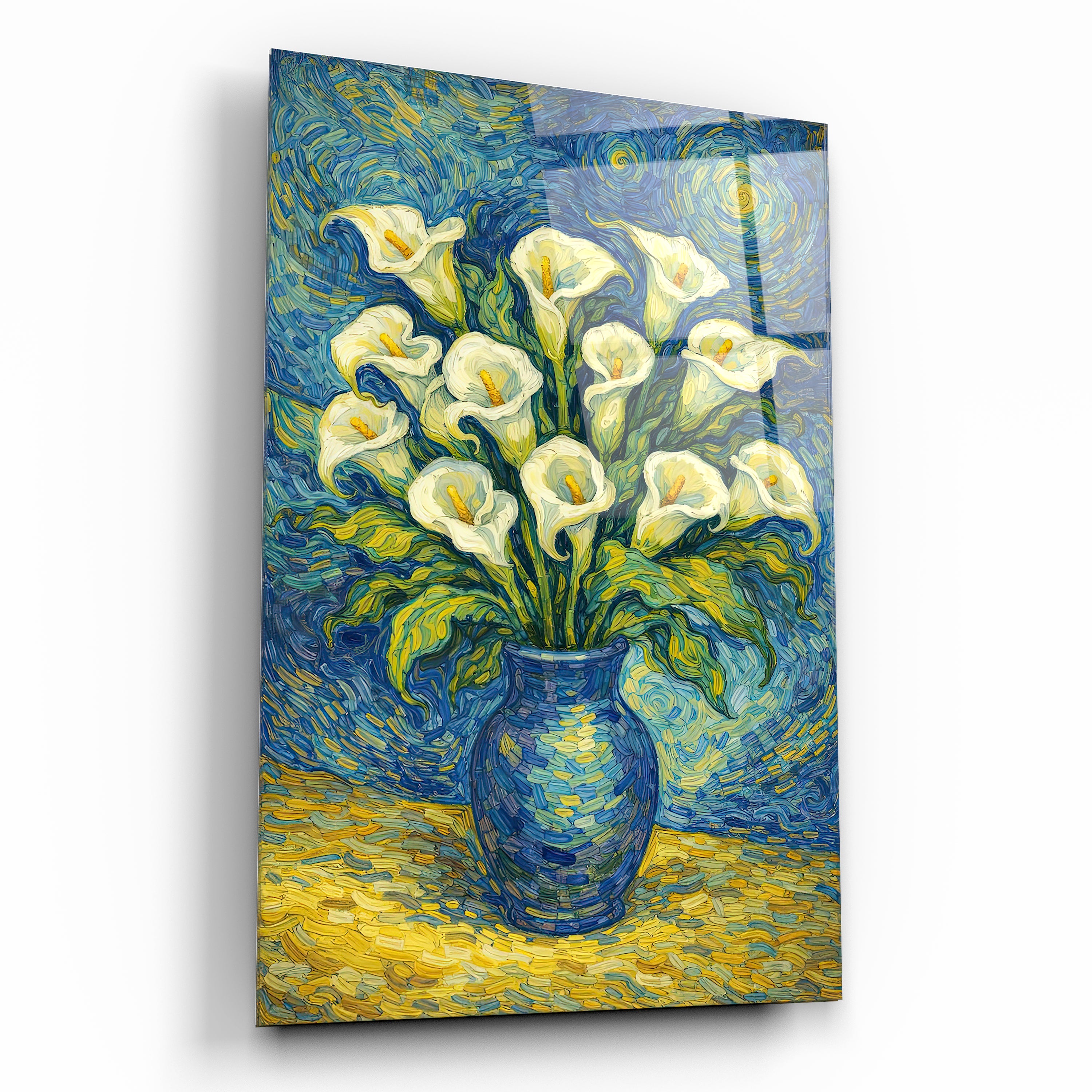 van gogh stili vazoda kala zambakları cam tablo