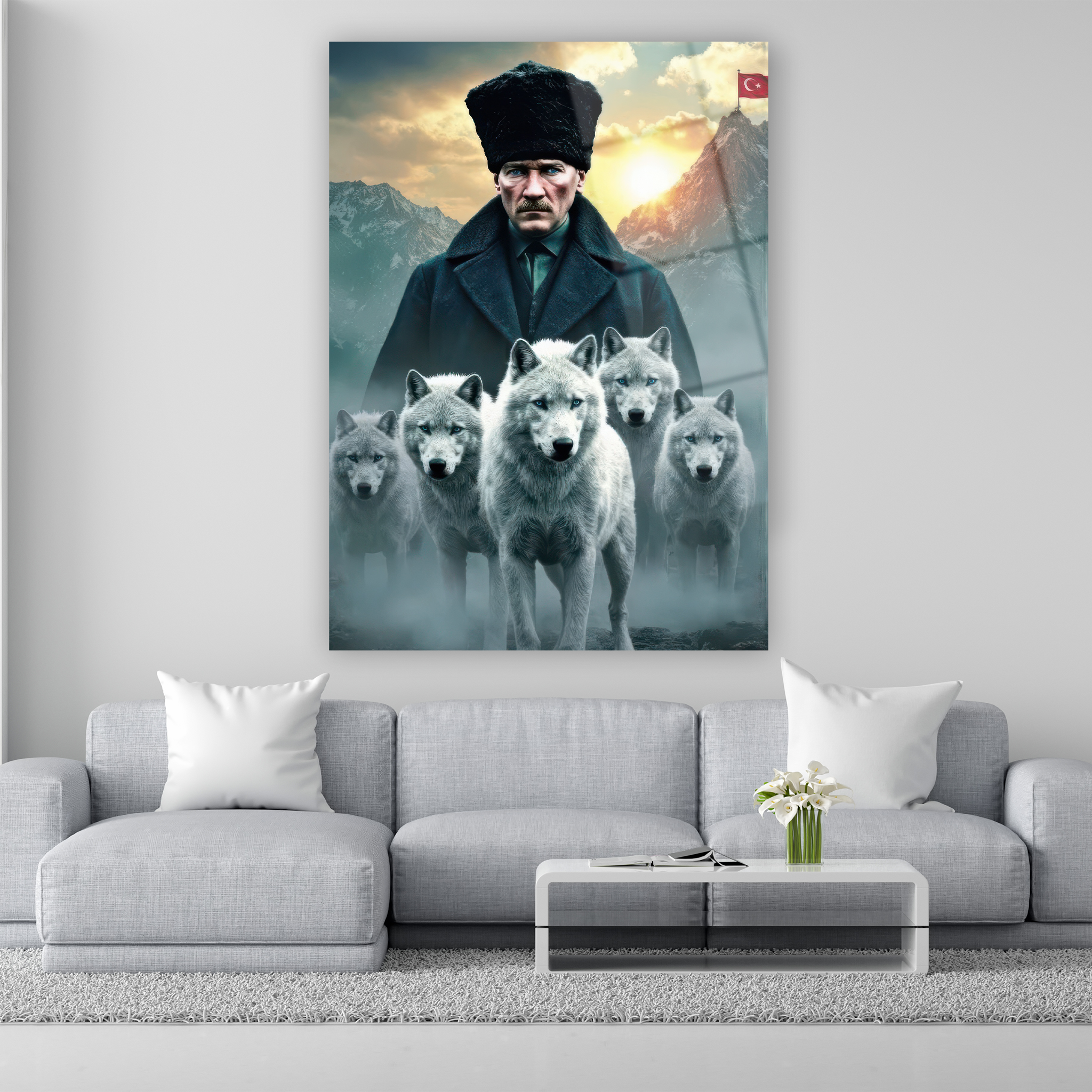 kalpaklı atatürk ve bozkurt sürüsü cam tablo