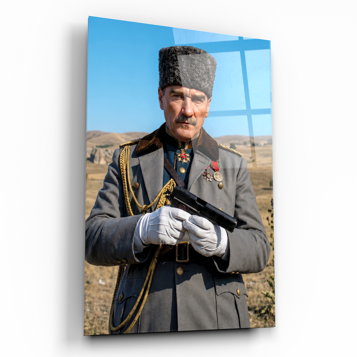 Kalpaklı ve askeri üniformalı Atatürk portresi cam tablo
