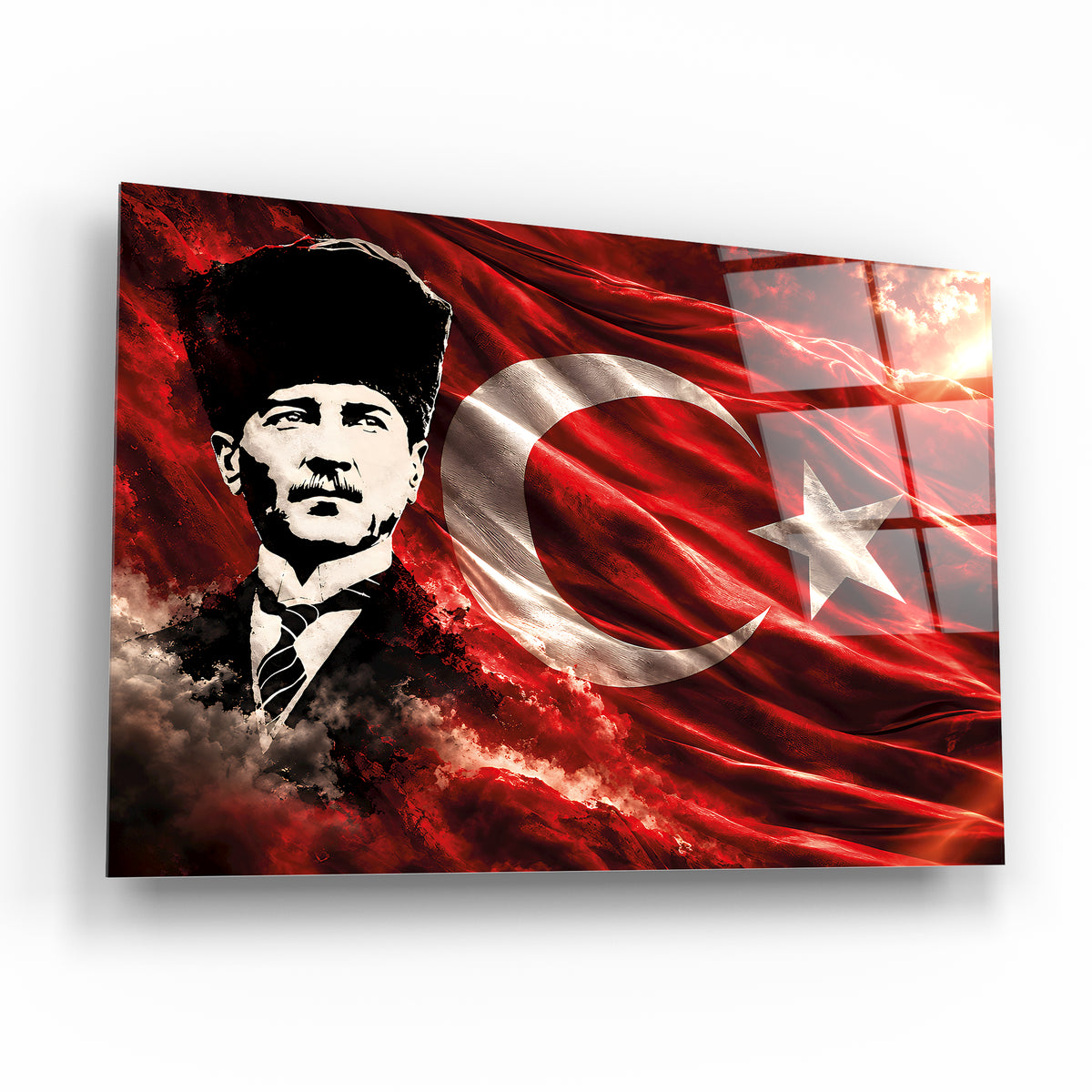 Kalpaklı Atatürk Türk Bayrağı yatay cam tablo