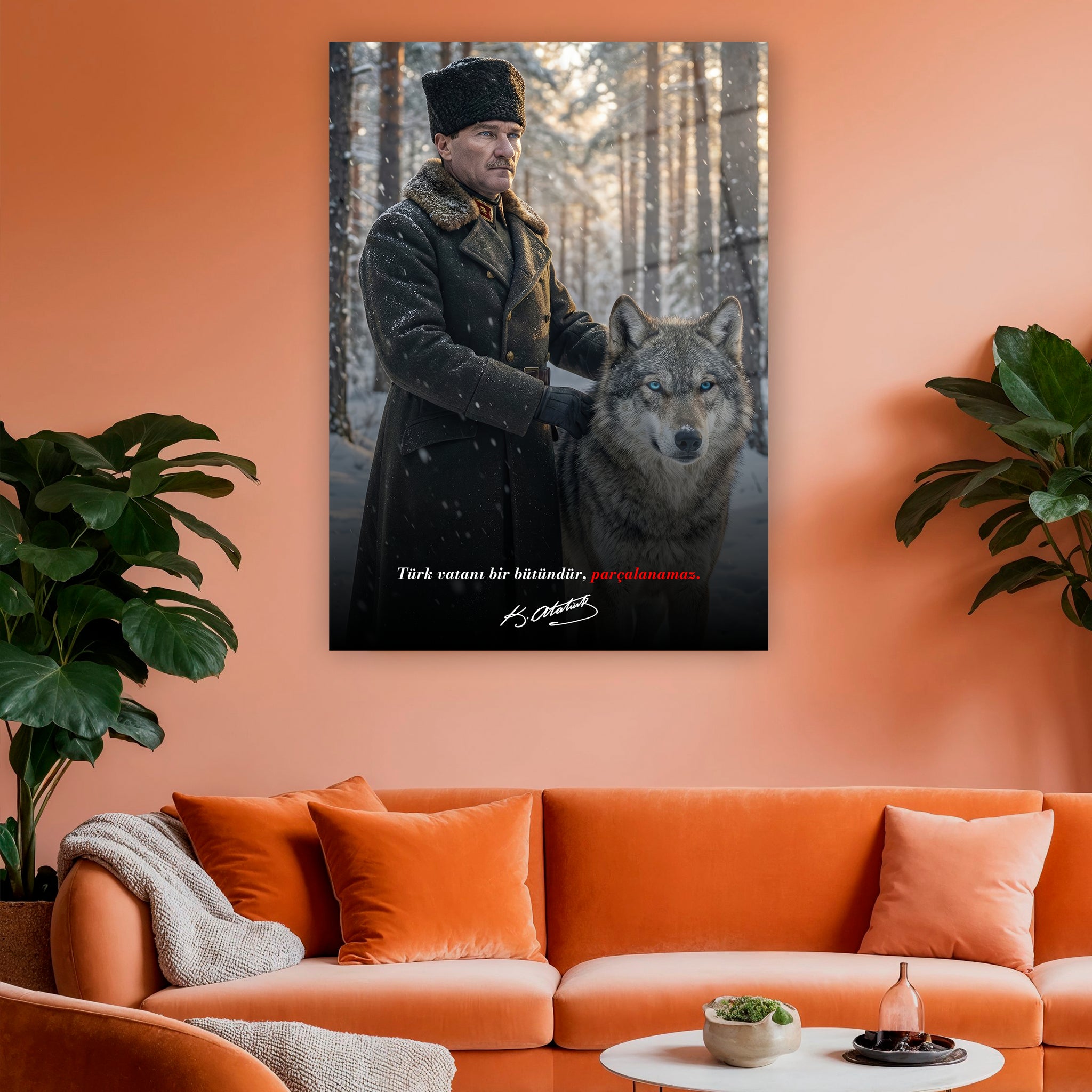 kalpaklı atatürk ve bozkurt karlı orman cam baskı
