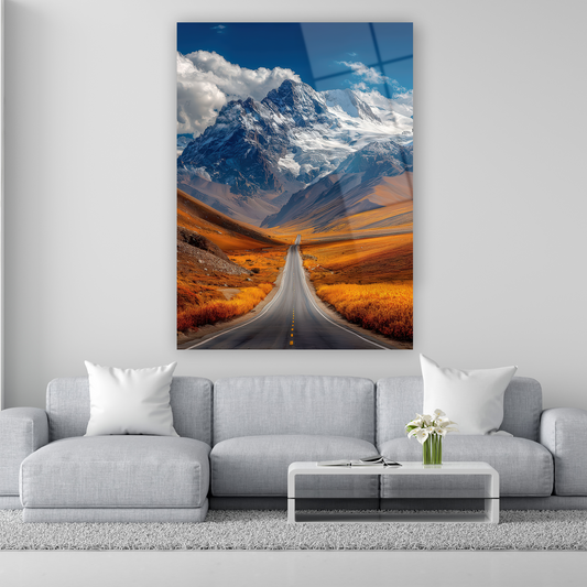 kar kaplı görkemli dağlar ve sonsuz yol manzaralı cam tablo