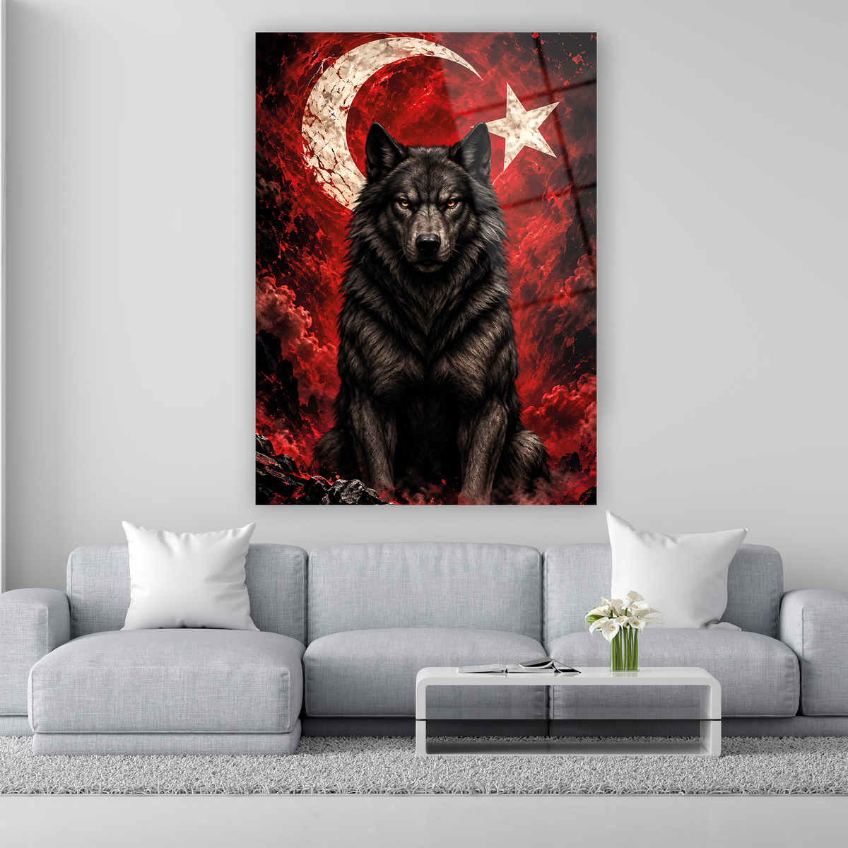 Kırmızı siyah bozkurt figürlü temperli cam tablo