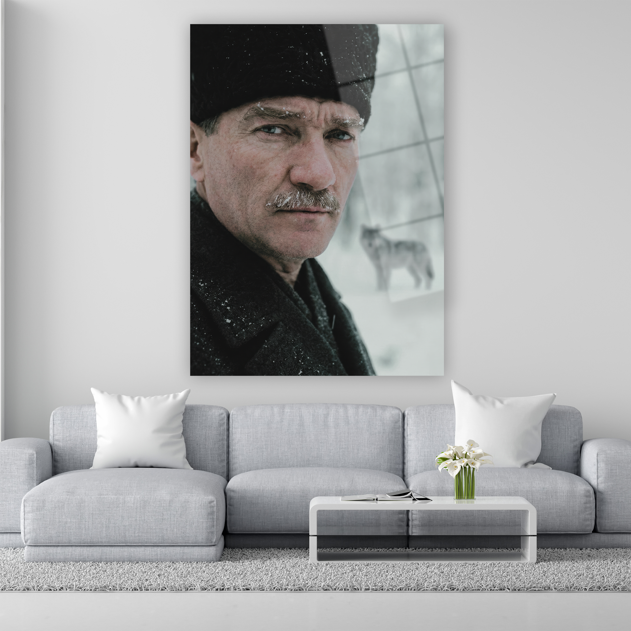 karlar içinde kalpaklı atatürk ve bozkurt cam tablo