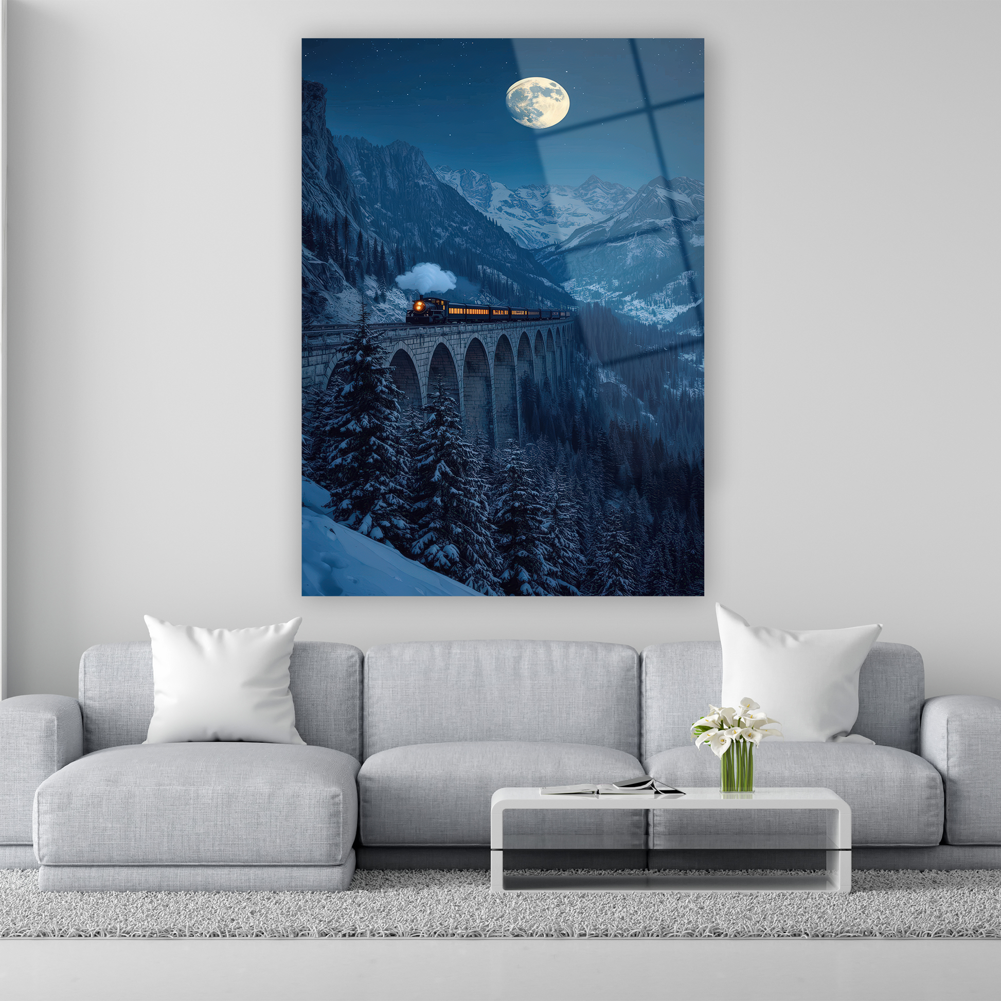 dolunay altında karlı dağlar ve viyadükte tren cam tablo