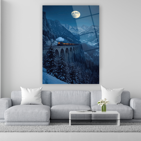 dolunay altında karlı dağlar ve viyadükte tren cam tablo