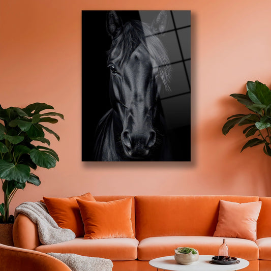 Modern ofis dekorasyonunda kullanılan siyah at temalı cam duvar panosu