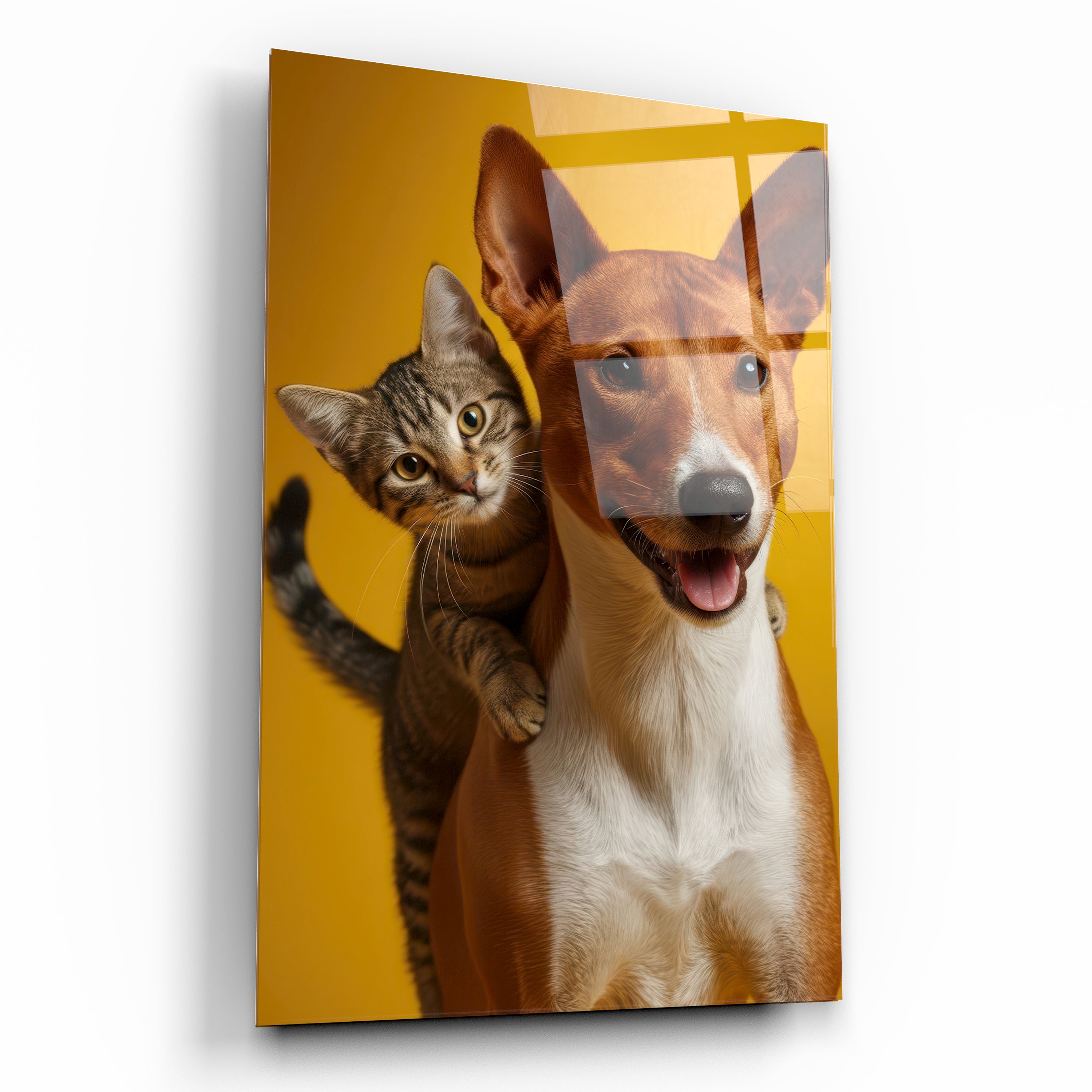 Sevimli Kedi ve Köpek Dostluğu Cam Tablo