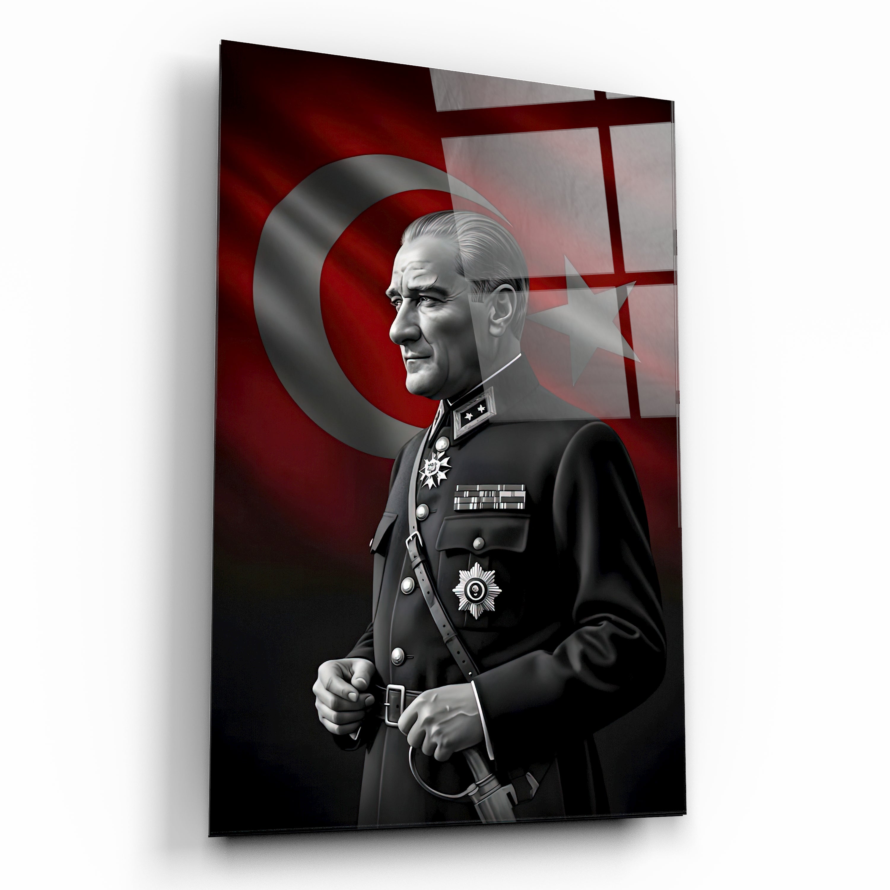 Kılıçlı Atatürk ve Türk Bayrağı Cam Tablo