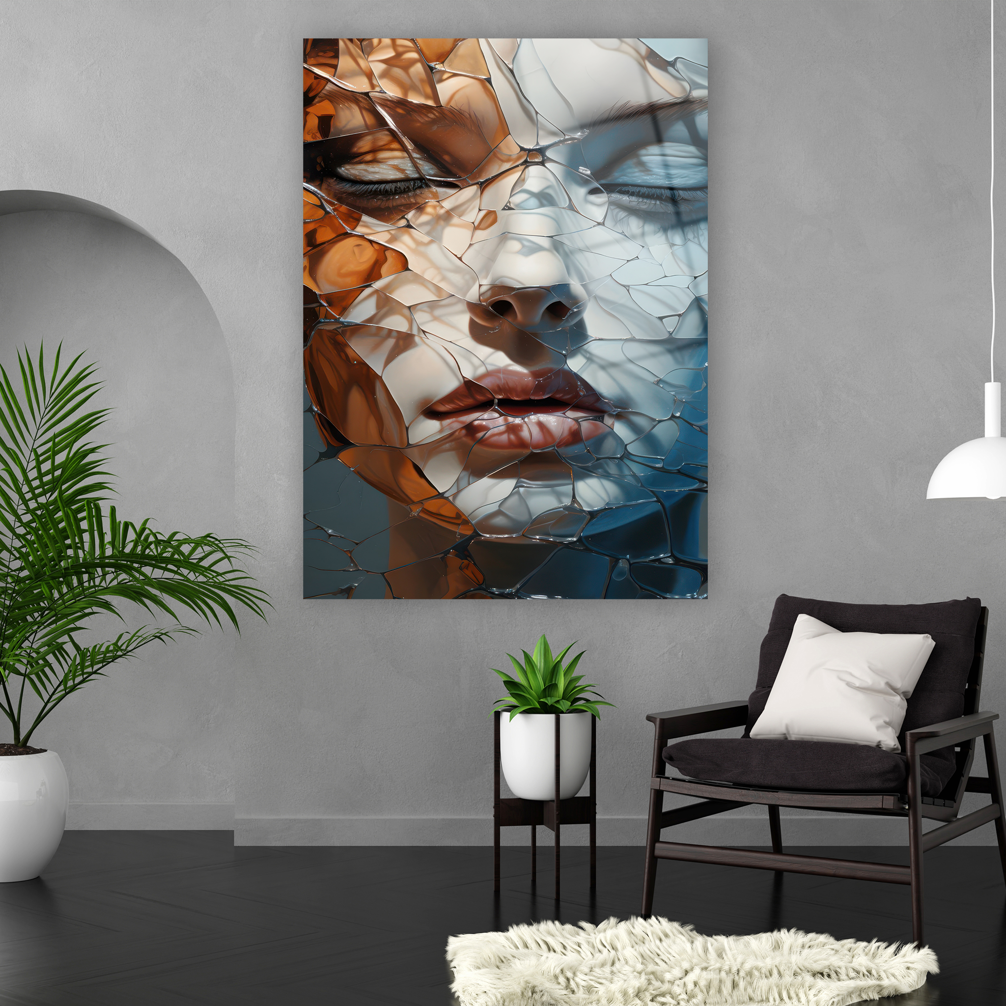 amber ve mavi tonlu modern portre duvar dekoru
