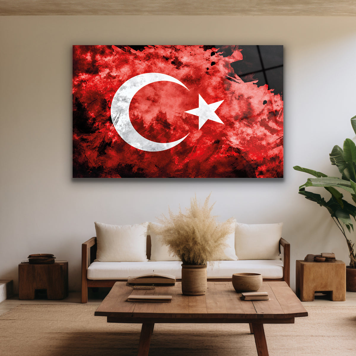 Kırmızı siyah Türk Bayrağı temperli cam tablo