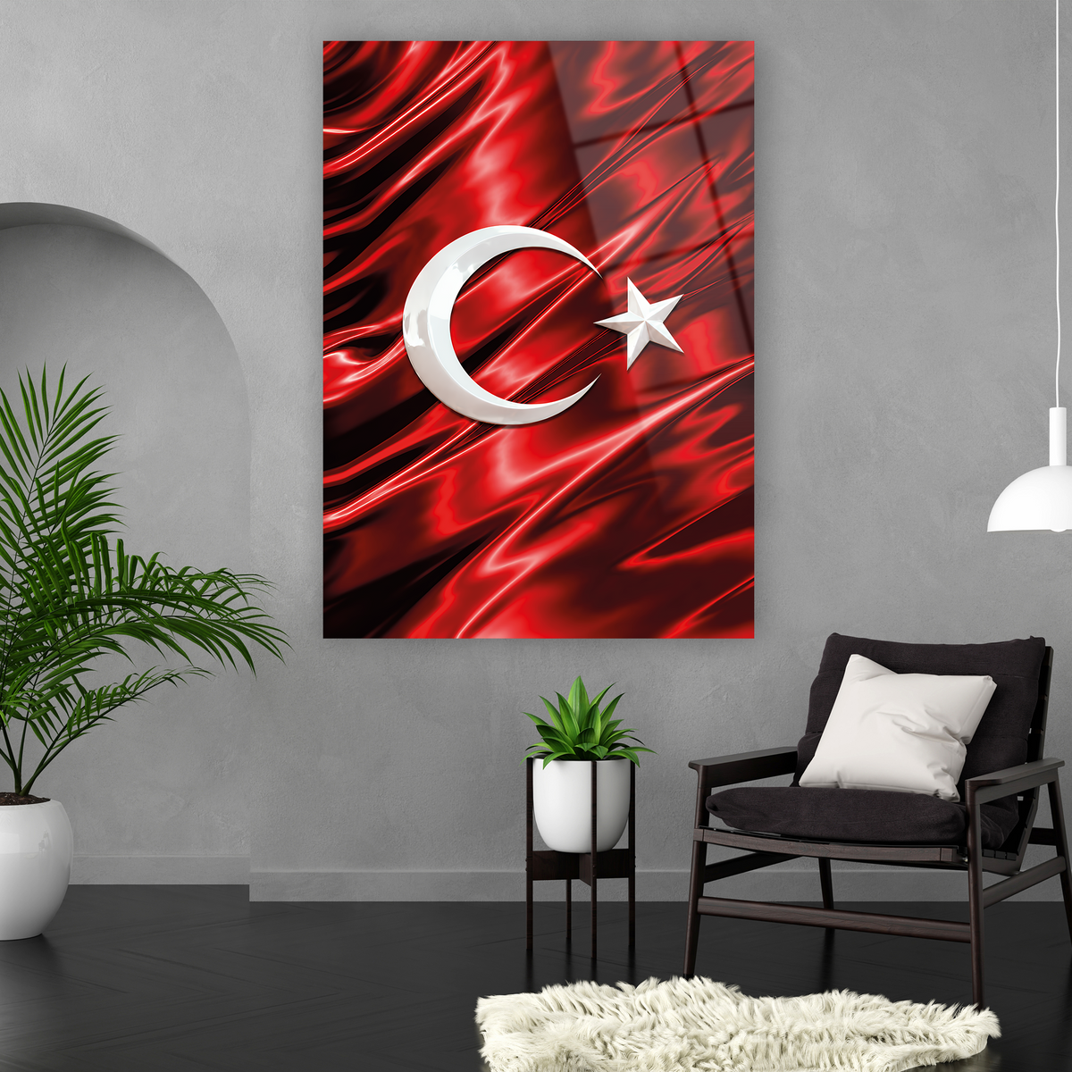 Kırmızı kumaş dokulu ay yıldız cam tablo