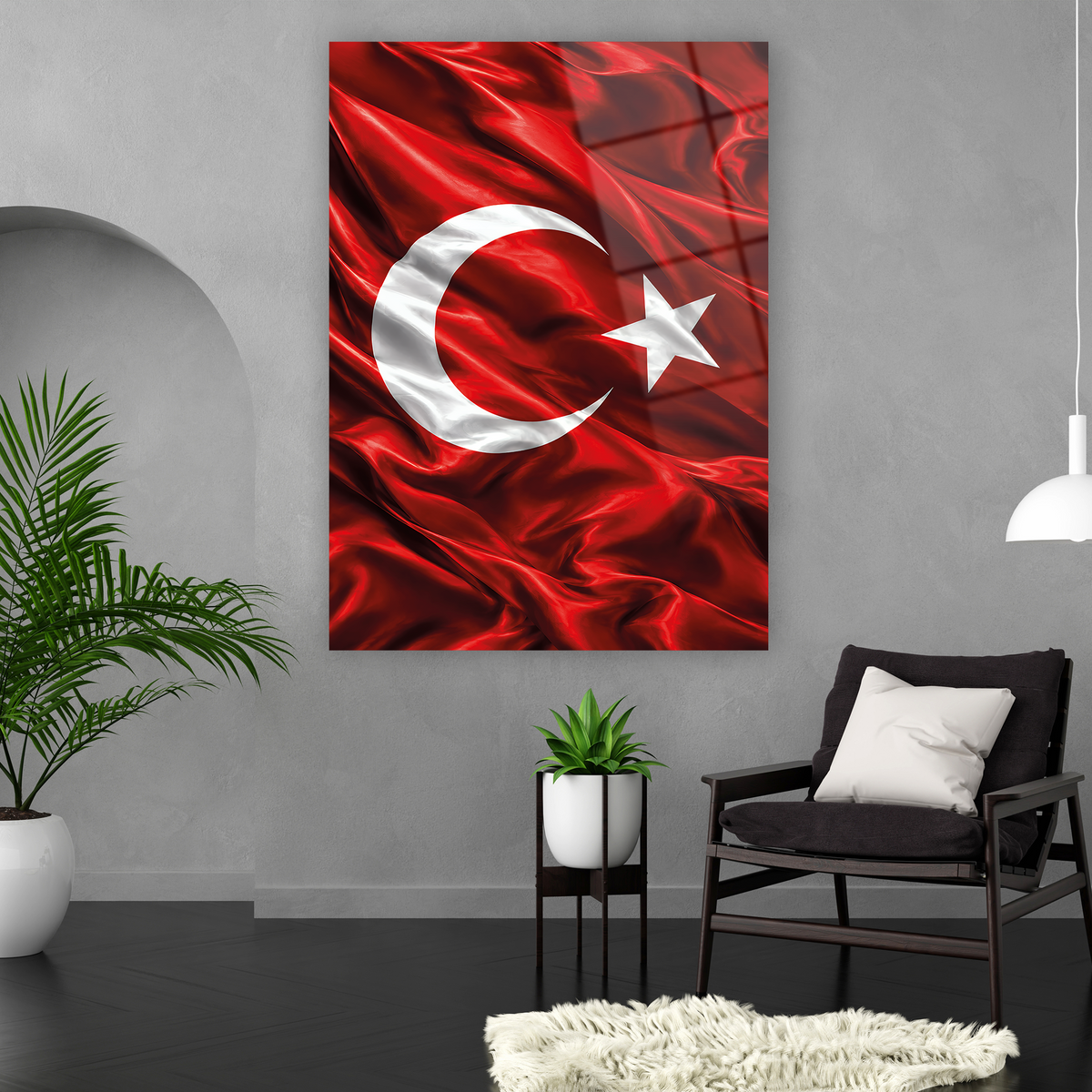 Kırmızı kumaş dokulu Türk Bayrağı cam tablo