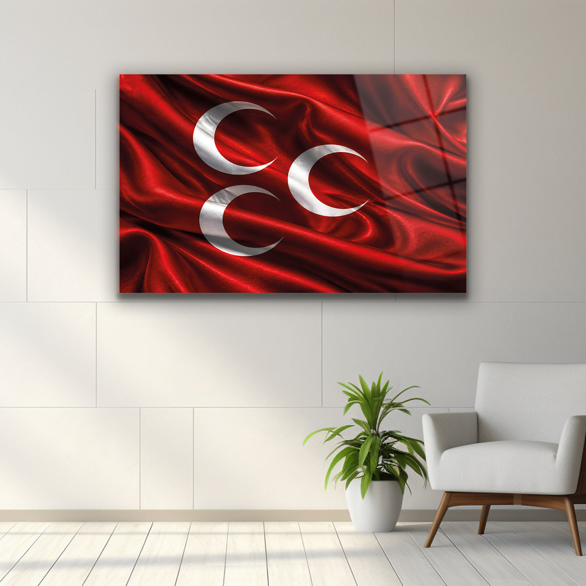 Kırmızı beyaz renklerde Üç Hilal Bayrağı yatay tablo
