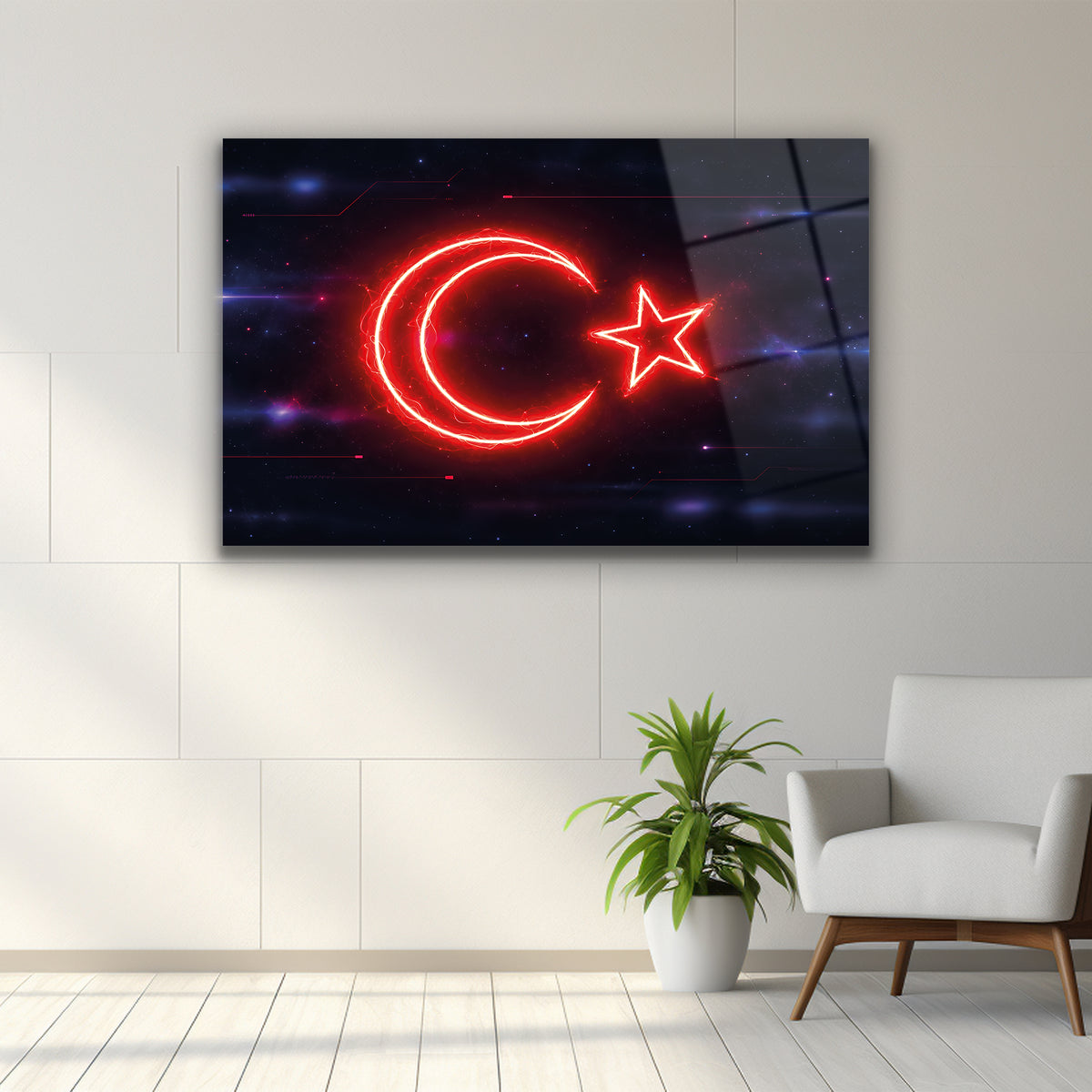 Fütüristik ışık çizgileriyle çevrili Türk ay yıldız sembolü