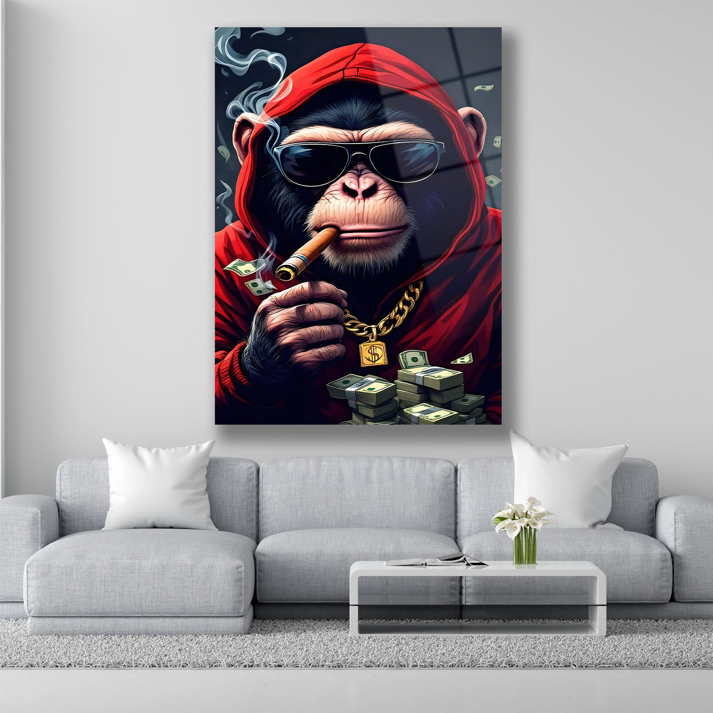 Kırmızı kapüşonlu ve gözlüklü puro içen zengin maymun cam tablo