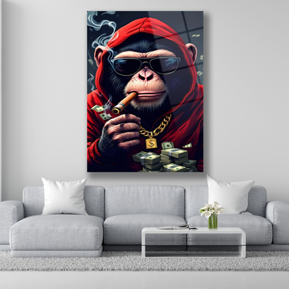Kırmızı kapüşonlu ve gözlüklü puro içen zengin maymun cam tablo