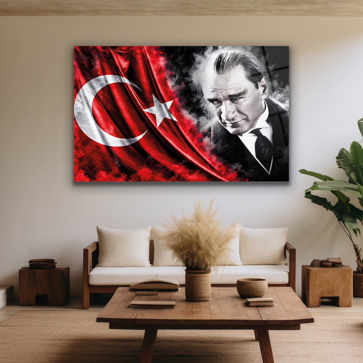 Kırmızı ay yıldızlı Atatürk temperli cam tablo