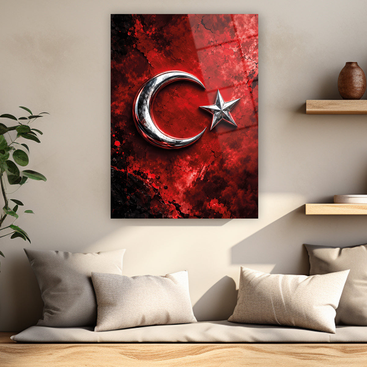 Dikey Türk temalı gümüş ay yıldız duvar tablosu