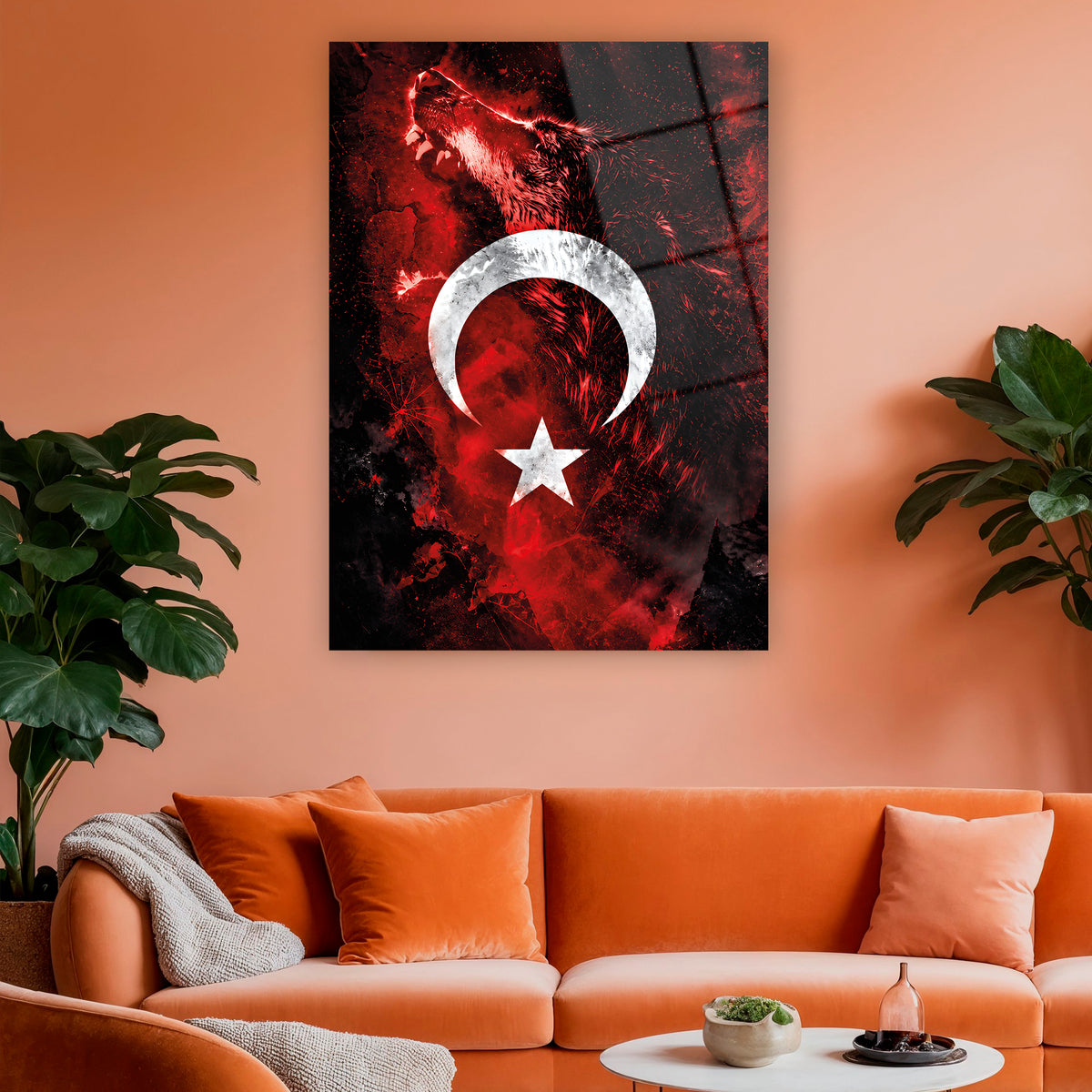 Türk Bayrağı sembollü bozkurt temperli cam tablo