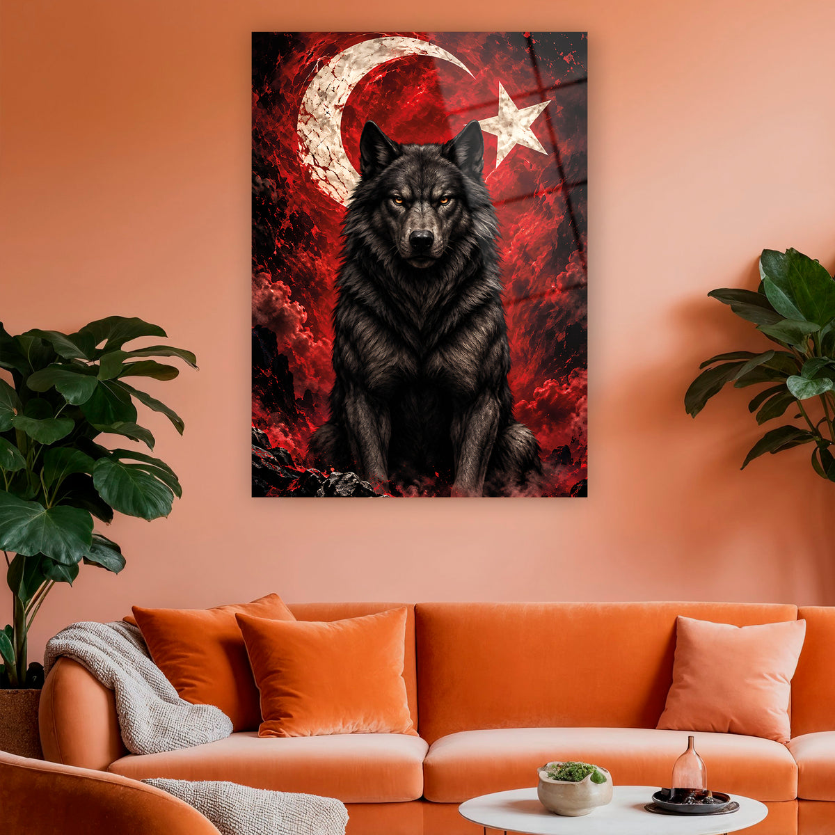 Türk bayrağı ay yıldız detaylı kara bozkurt cam tablo