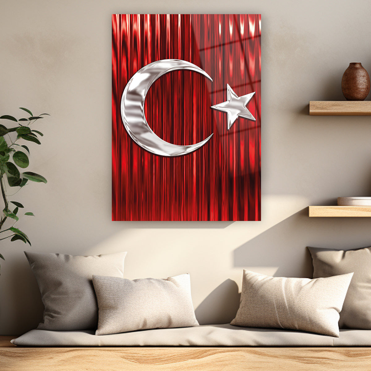 Üç boyutlu ay yıldız tasarımlı Türk Bayrağı duvar tablosu