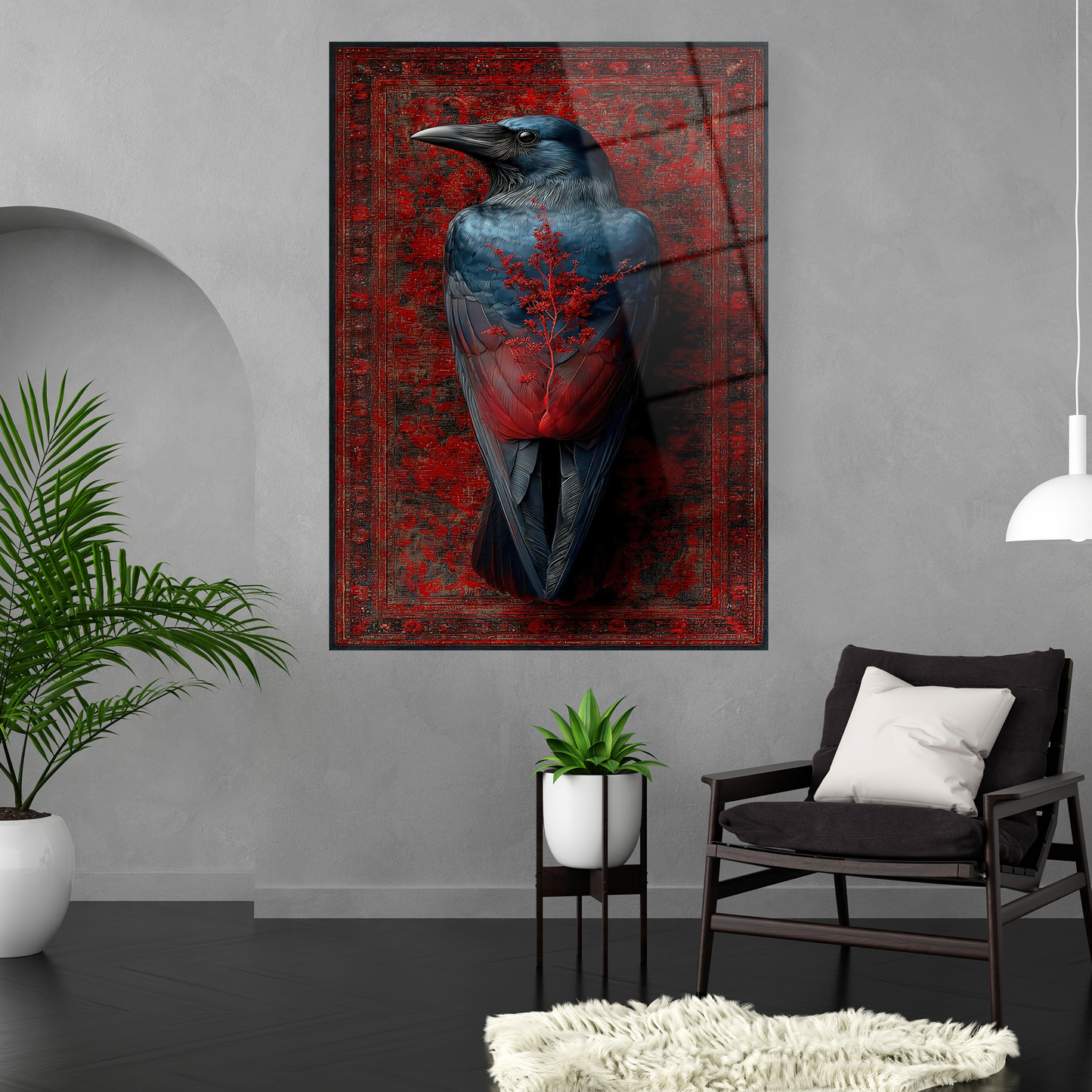 Gotik tarzda karga ve kırmızı desenli dekoratif tablo