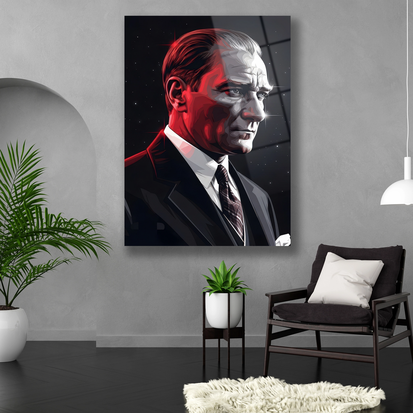 Dikey formda fütüristik tarzda tasarlanmış Atatürk cam baskı