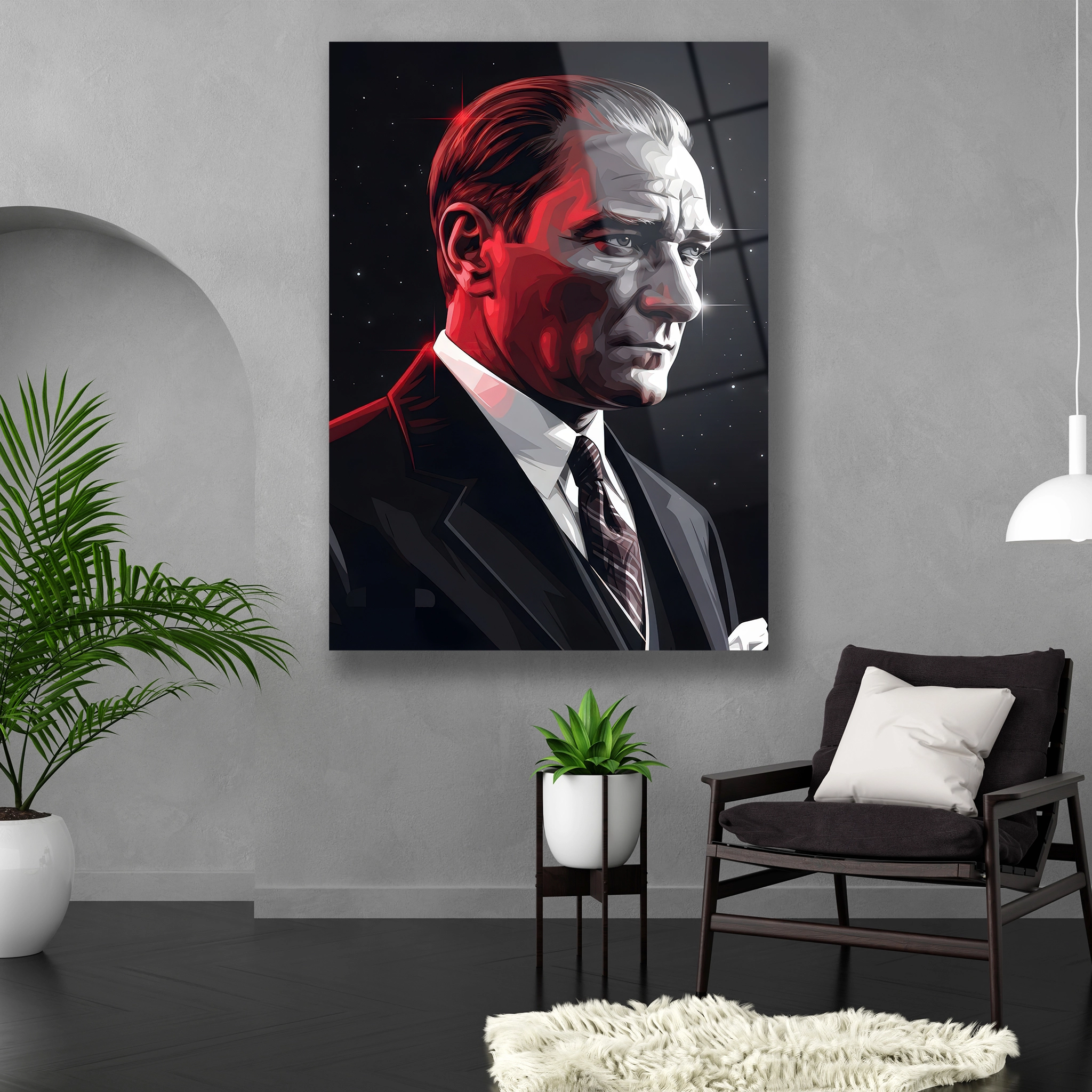 Dikey formda fütüristik tarzda tasarlanmış Atatürk cam baskı