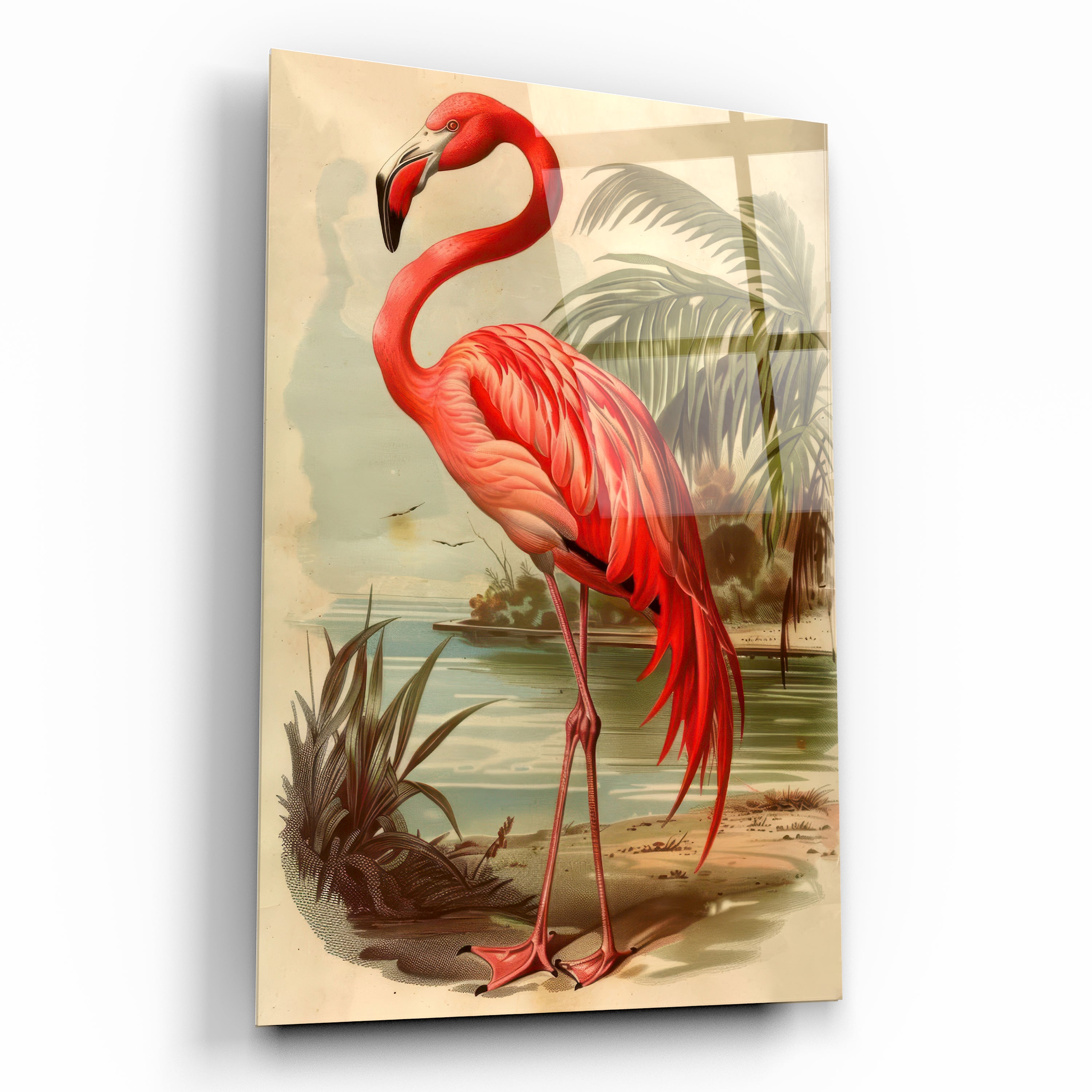 Vintage Stil Kırmızı Flamingo Cam Tablo