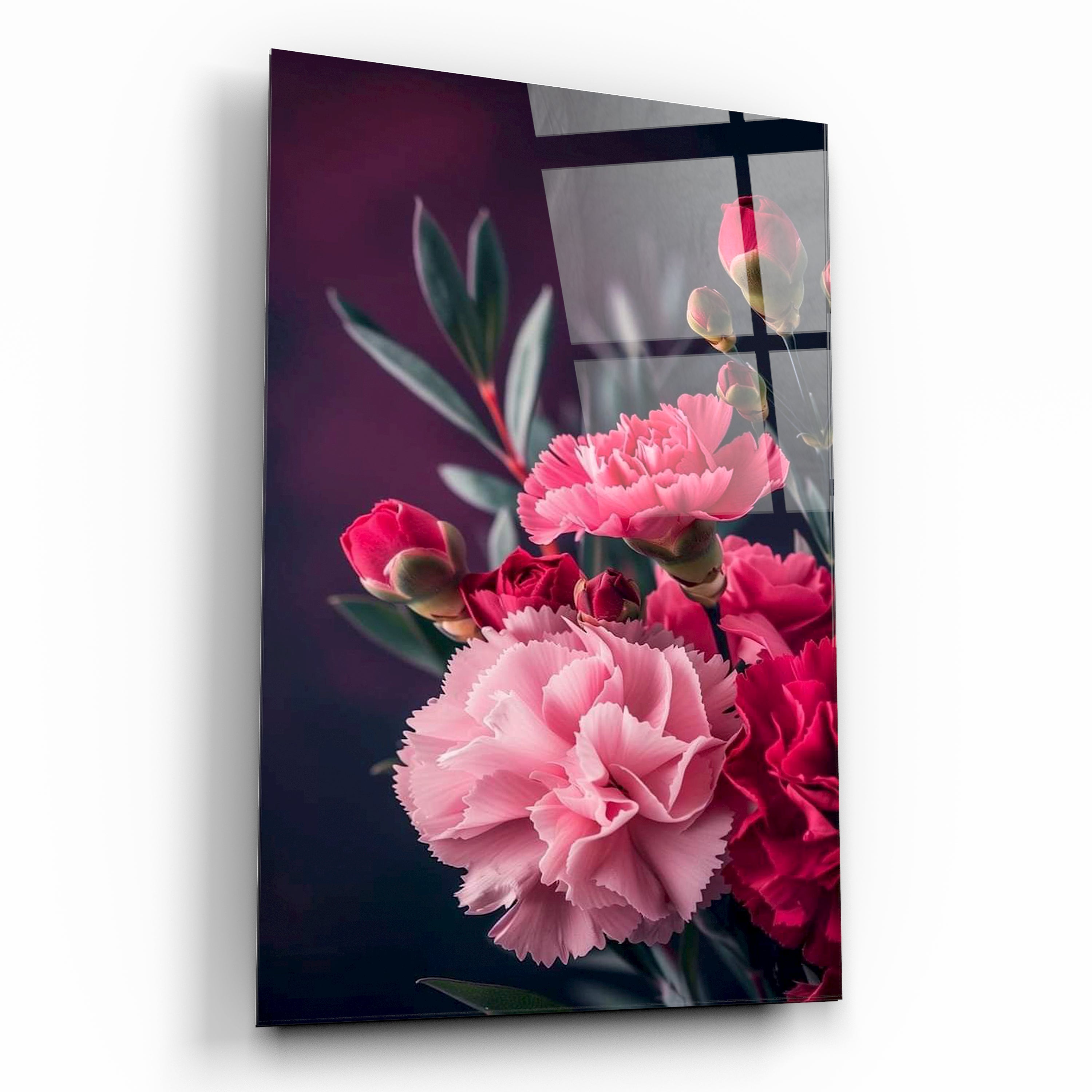 Pembe ve Kırmızı Karanfil Buketi Çiçekli Cam Tablo