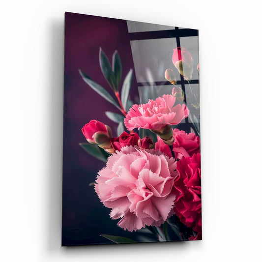 Pembe ve Kırmızı Karanfil Buketi Çiçekli Cam Tablo