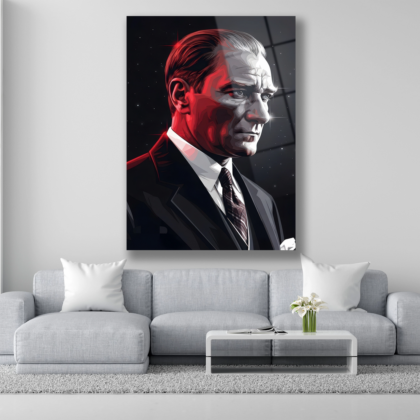 Yüzüne kırmızı ışık vuran dijital çizim Atatürk portresi cam tablo
